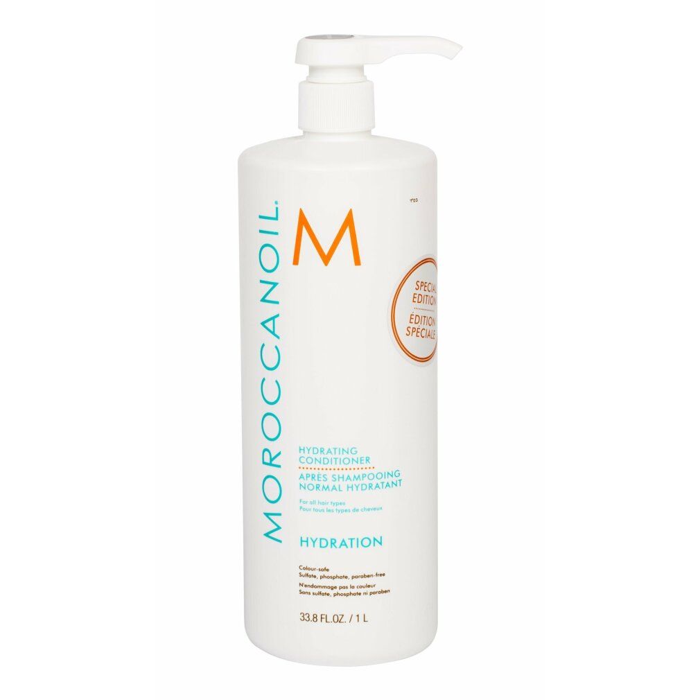 Weiße Flasche mit Pumpe. Aufschrift: Moroccanoil, Hydration Conditioner. Orangefarbenes Logo. Sonderausgabe. 1 Liter.