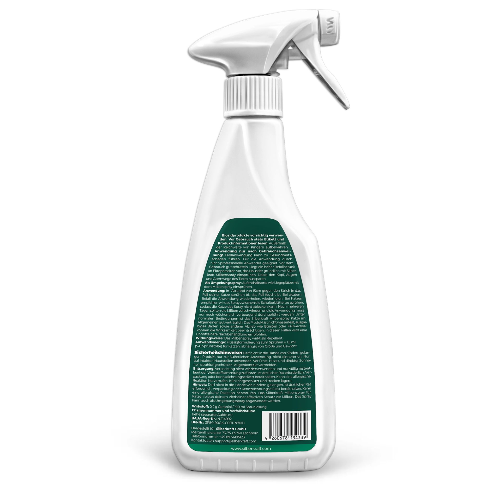 Rückseite einer weißen Sprühflasche. Text: SILBERKRAFT, KATZE MILBEN SPRAY. Produktinformationen, Sicherheitsratschläge, Herstelleradresse.