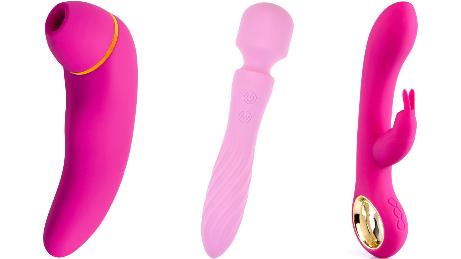 Drei Geräte: pinkfarbenes Gerät mit Saugfunktion, hellrosa Gerät mit abgerundeter Spitze und pinkfarbenes Gerät mit Hasenohren.