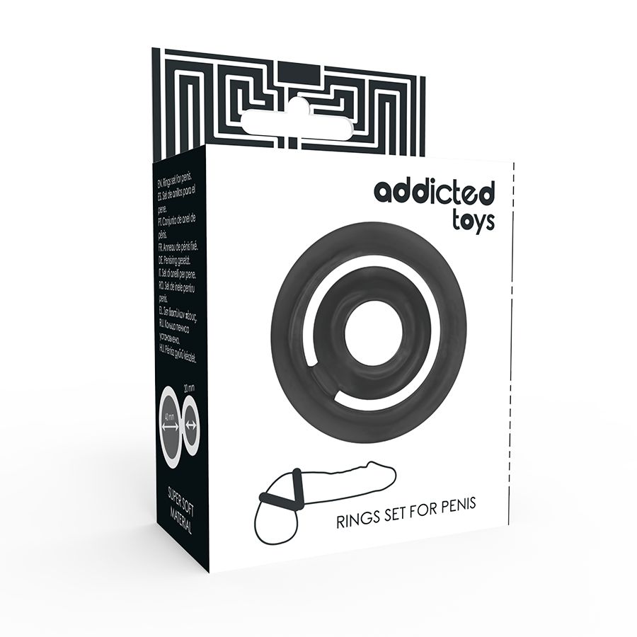 Verpackung mit schwarzem C-Ring. Marke Addicted Toys. Text: Rings Set for Penis. Super Soft Material. Abbildung eines Penisrings.