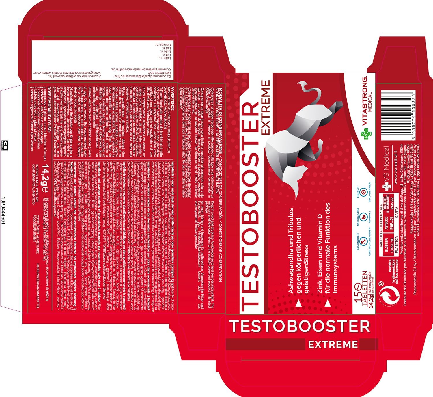 Verpackung Testobooster Extreme. 15 Tabletten. Ministero della Salute. VS Medical Logo. Code 150383.