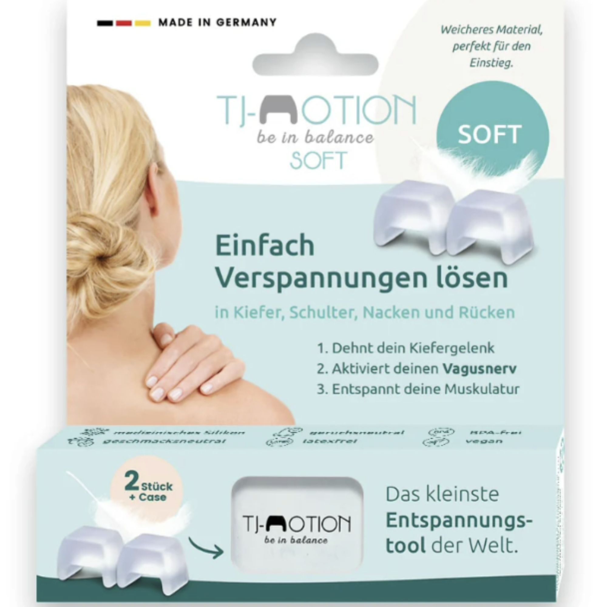 Zwei quadratische, transparente Produkte in Verpackung. Aufschrift: TJ-Motion be in balance SOFT. Made in Germany.