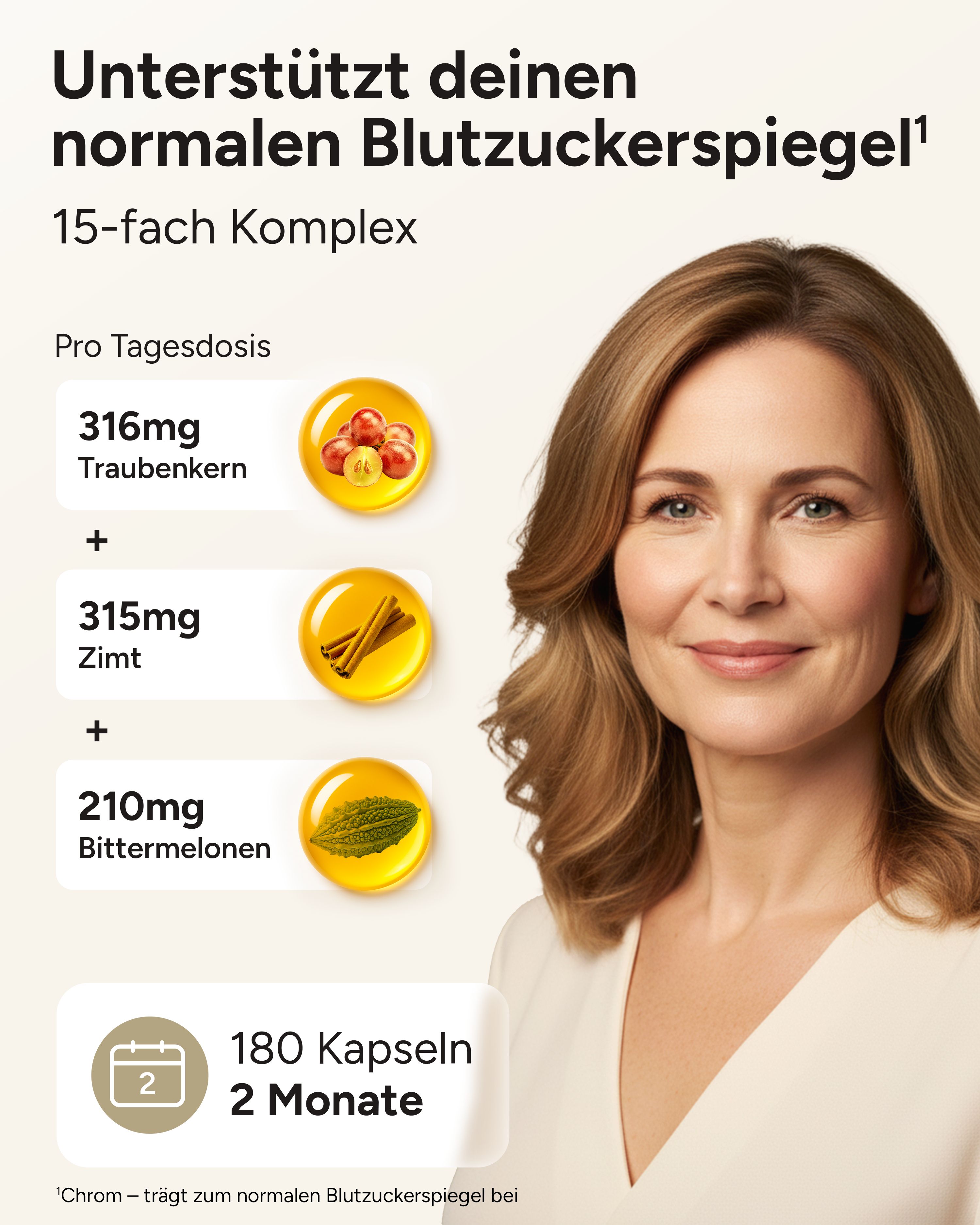 Frau mit Produktinformationen. 316mg Traubenkern, 315mg Zimt, 210mg Bittermelonen. 180 Kapseln, 2 Monate.