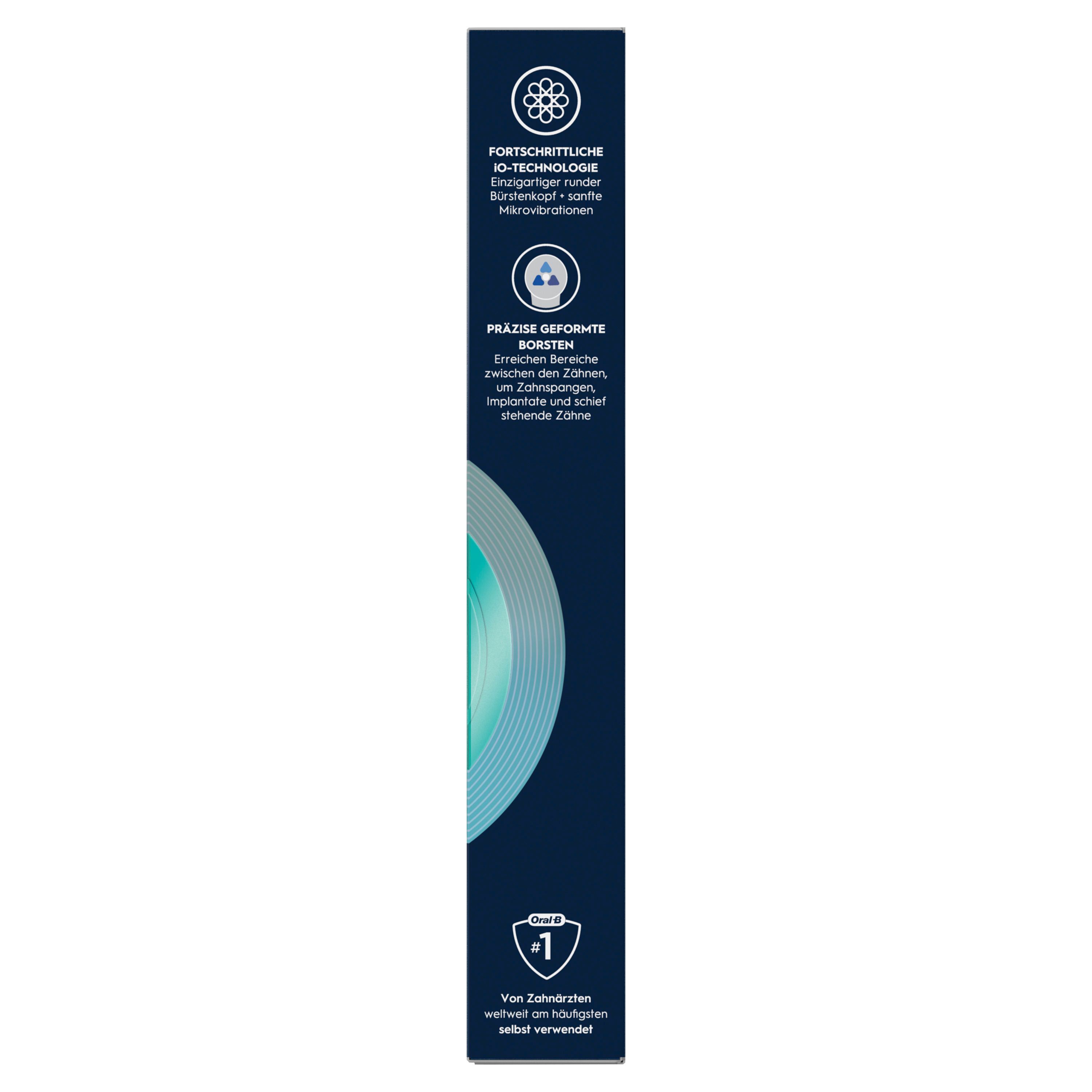 Schmale, blaue Verpackung. Text: Fortschrittliche iO-Technologie, präzise geformte Borsten. Oral-B Logo. Schwarzer Hintergrund.