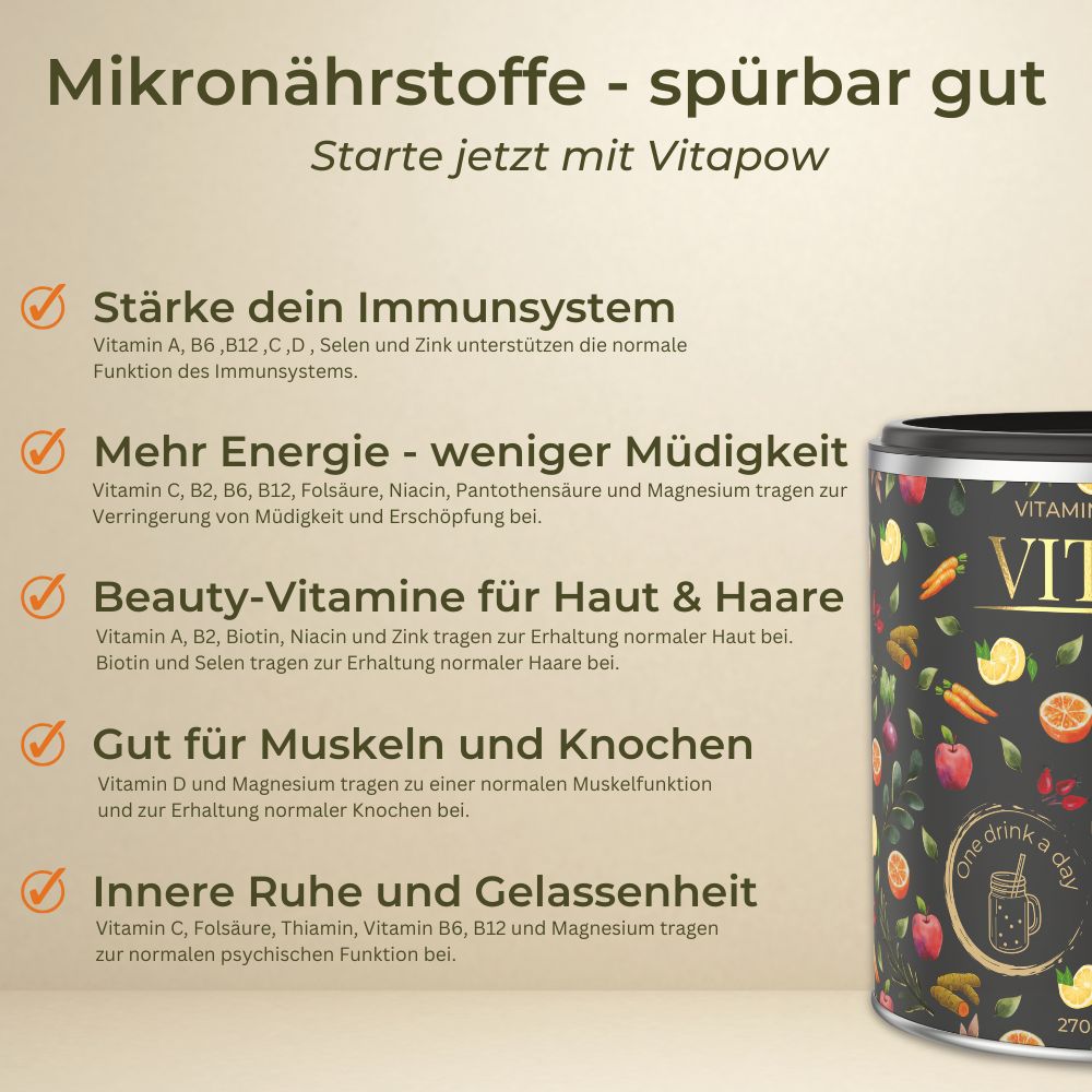 Text mit Vorteilen von Vitapow. Dose im Hintergrund. Themen: Immunsystem, Energie, Haut & Haare, Muskeln & Knochen, innere Ruhe.