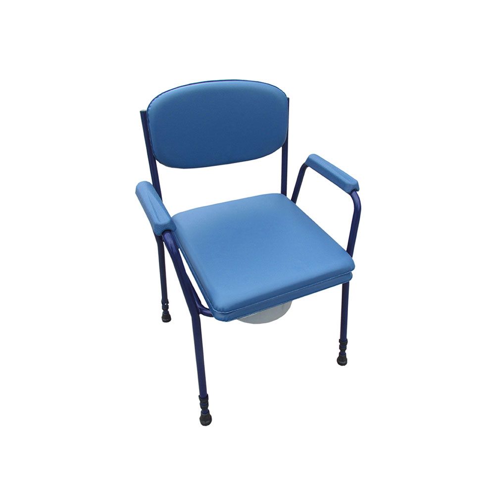 Blauer Toilettenstuhl mit Armlehnen und Rückenlehne. Metallrahmen, gepolsterte Sitzfläche und Rückenlehne. Unter dem Sitz befindet sich ein Behälter.