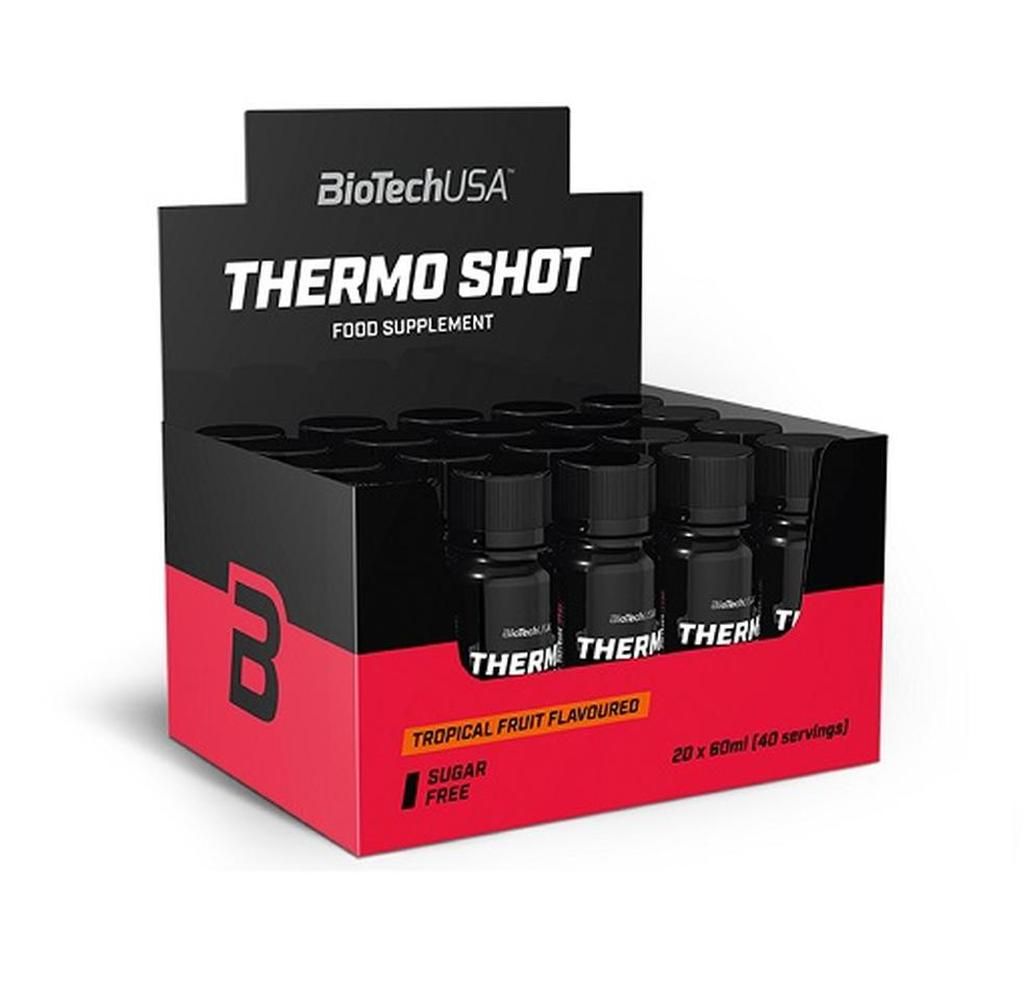 Verkaufsdisplay mit Thermo Shot-Fläschchen. Schwarze Flaschen mit roter Etikettierung. Aufschrift: Thermo Shot, Food Supplement, Sugar Free.