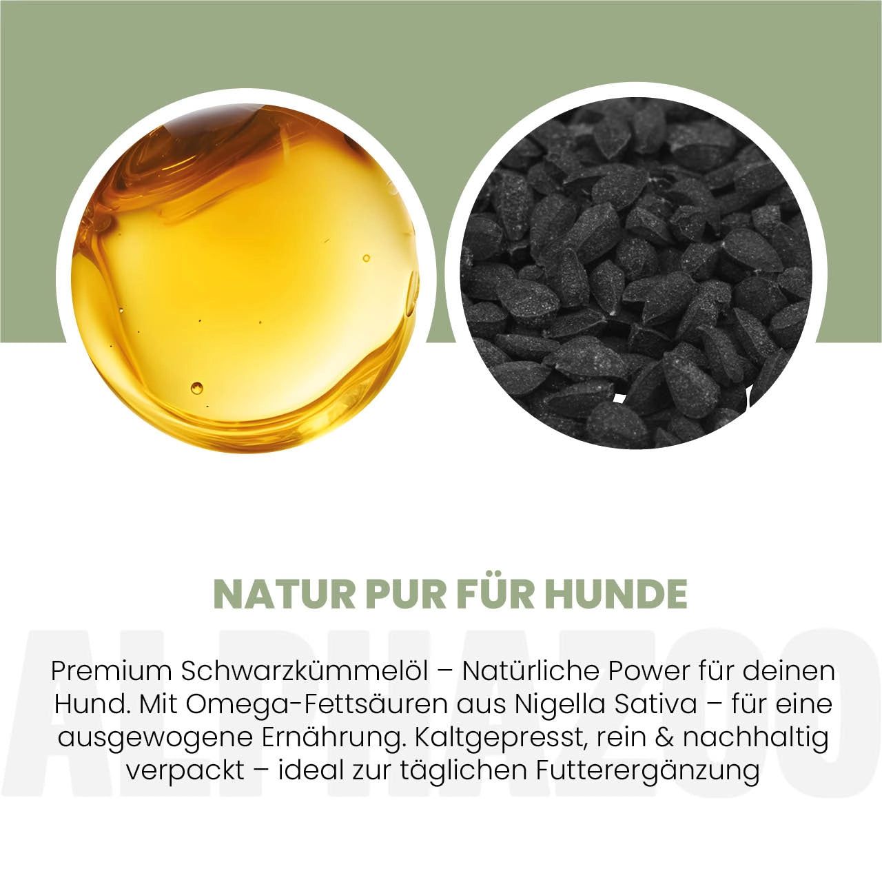 Zwei Kreise: Öl und Schwarzkümmel. Text: Natur pur für Hunde. Premium Schwarzkümmelöl. Omega-Fettsäuren.