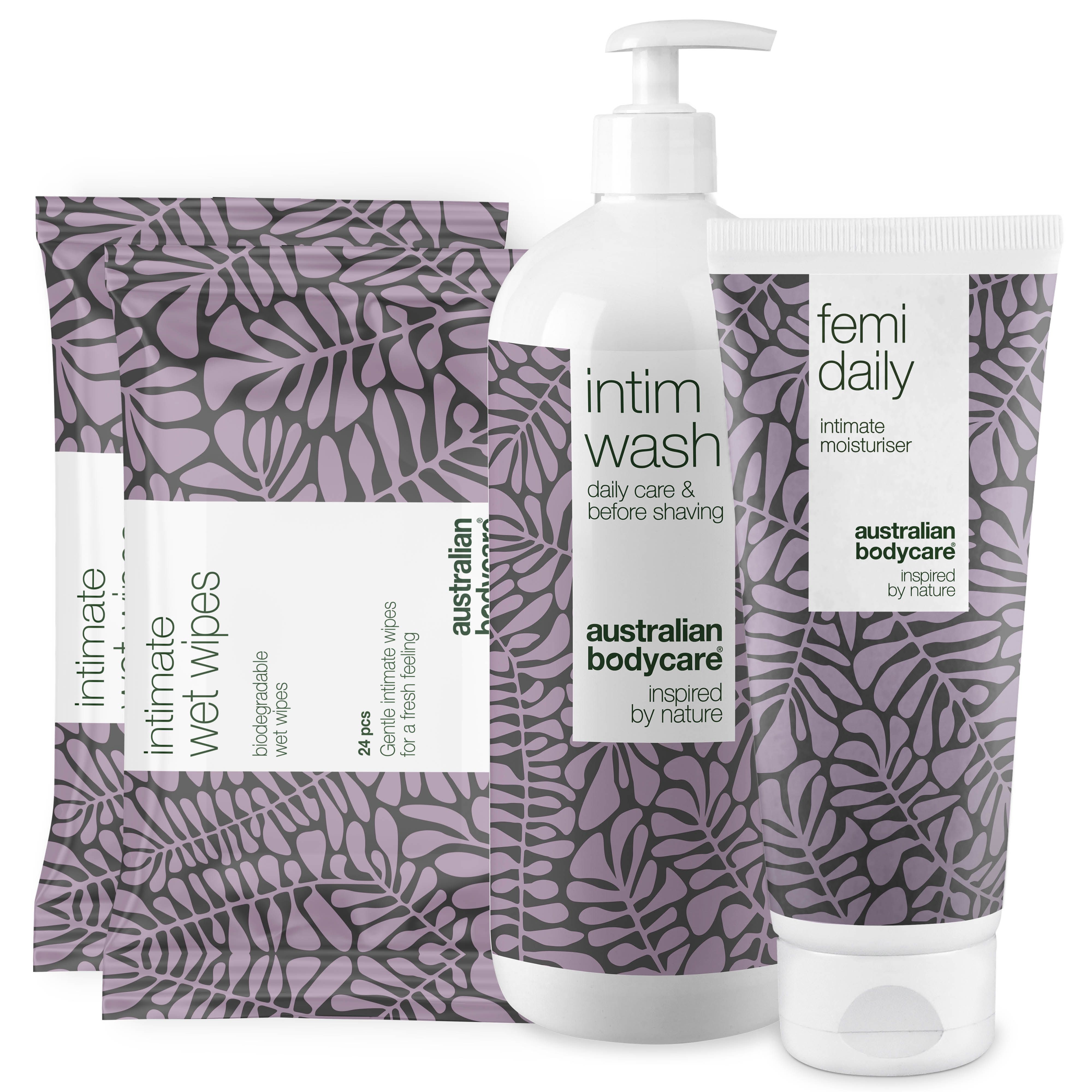 Set mit Intimpflegeprodukten: Intimwaschgel, Feuchtigkeitspflege, Feuchttücher. Verpackung mit Blättermuster.