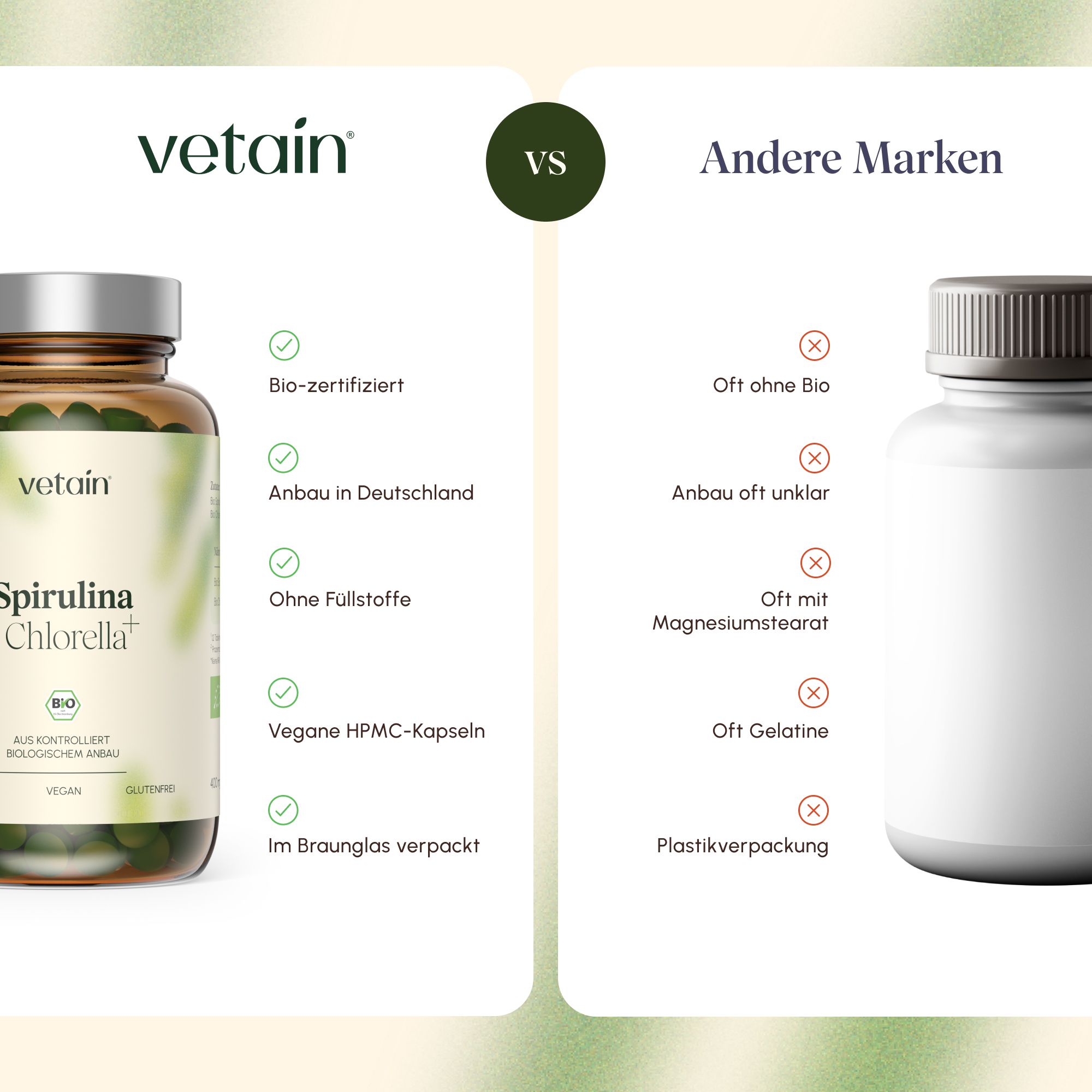 Vergleich VETAIN Spirulina Chlorella mit anderen Marken: Bio-Siegel, Anbau, Inhaltsstoffe.