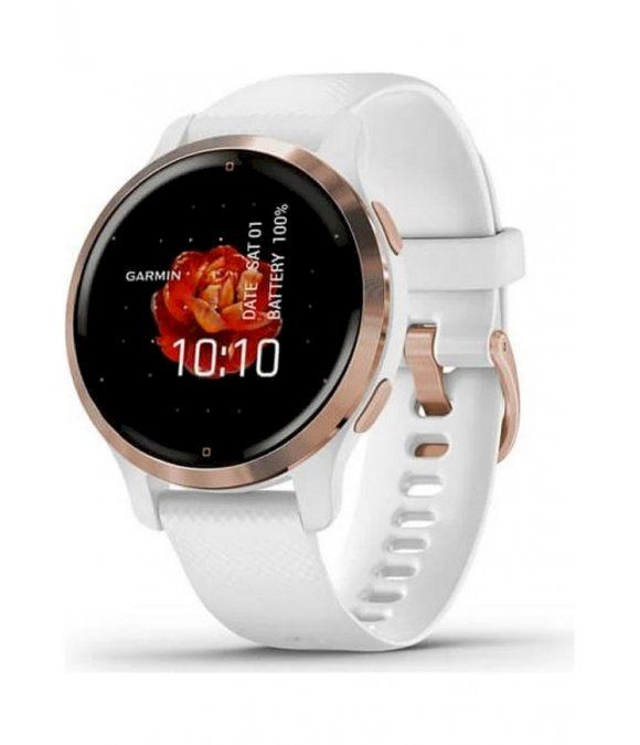 Fitnessuhr mit rundem Zifferblatt, weißem Silikonarmband und roségoldfarbenem Gehäuse. Das Display zeigt die Uhrzeit 10:10 und den Schriftzug Garmin.