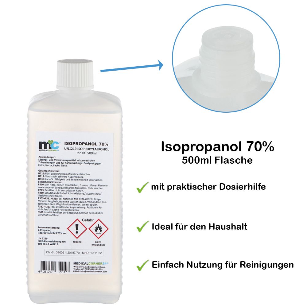 Isopropanol 70% 500ml Flasche mit Detailansicht des Verschlusses und Hinweisen zur einfachen Nutzung.