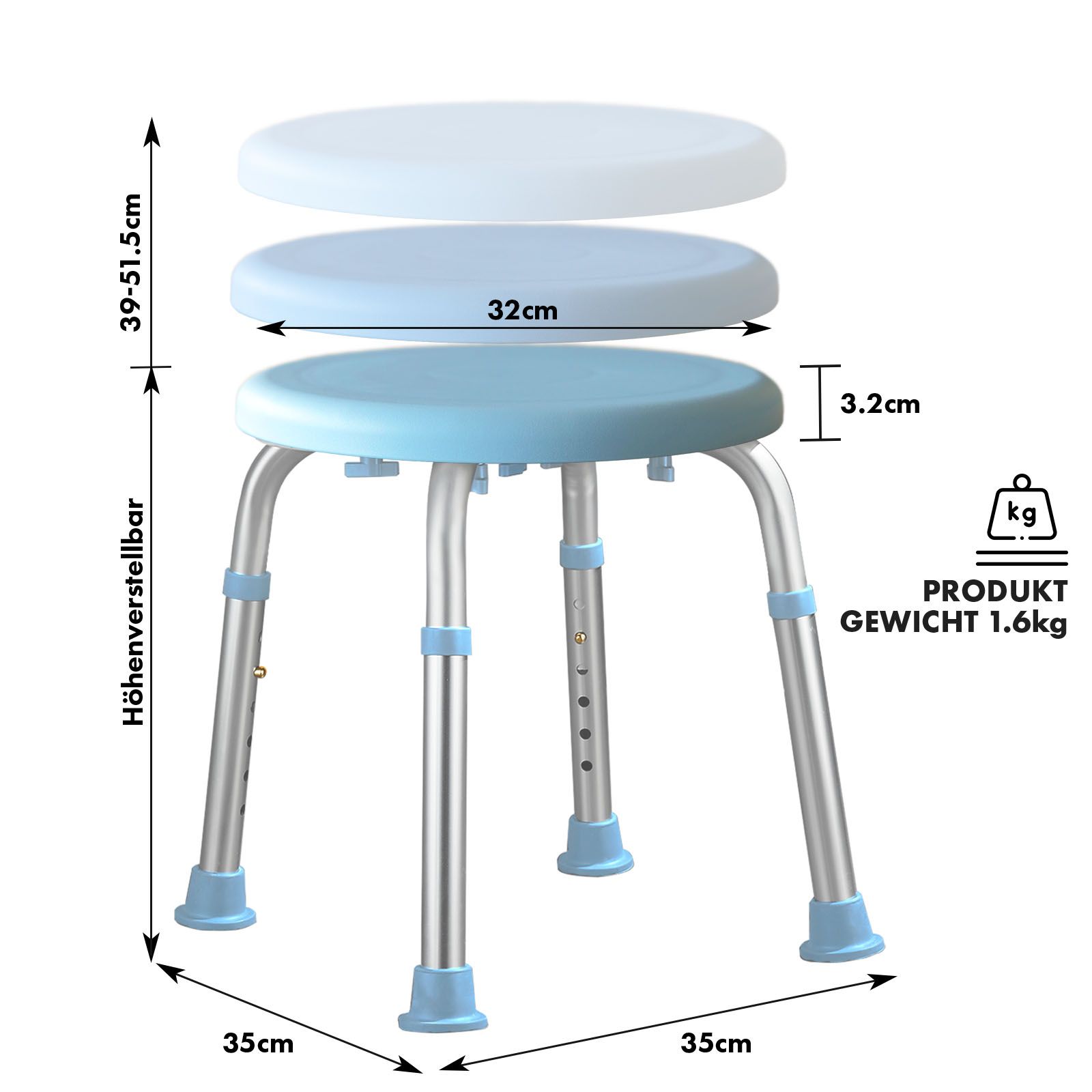 KARAT Duschhocker Pedro - Höhenverstellbar, rutschfest, rostfrei - Bis 136 kg - 360° drehbar
