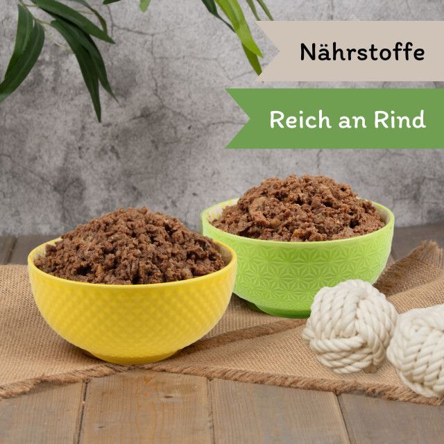Zwei Schalen Hundefutter. Beschriftung: Nährstoffe, Reich an Rind. Gelbe und grüne Schalen.