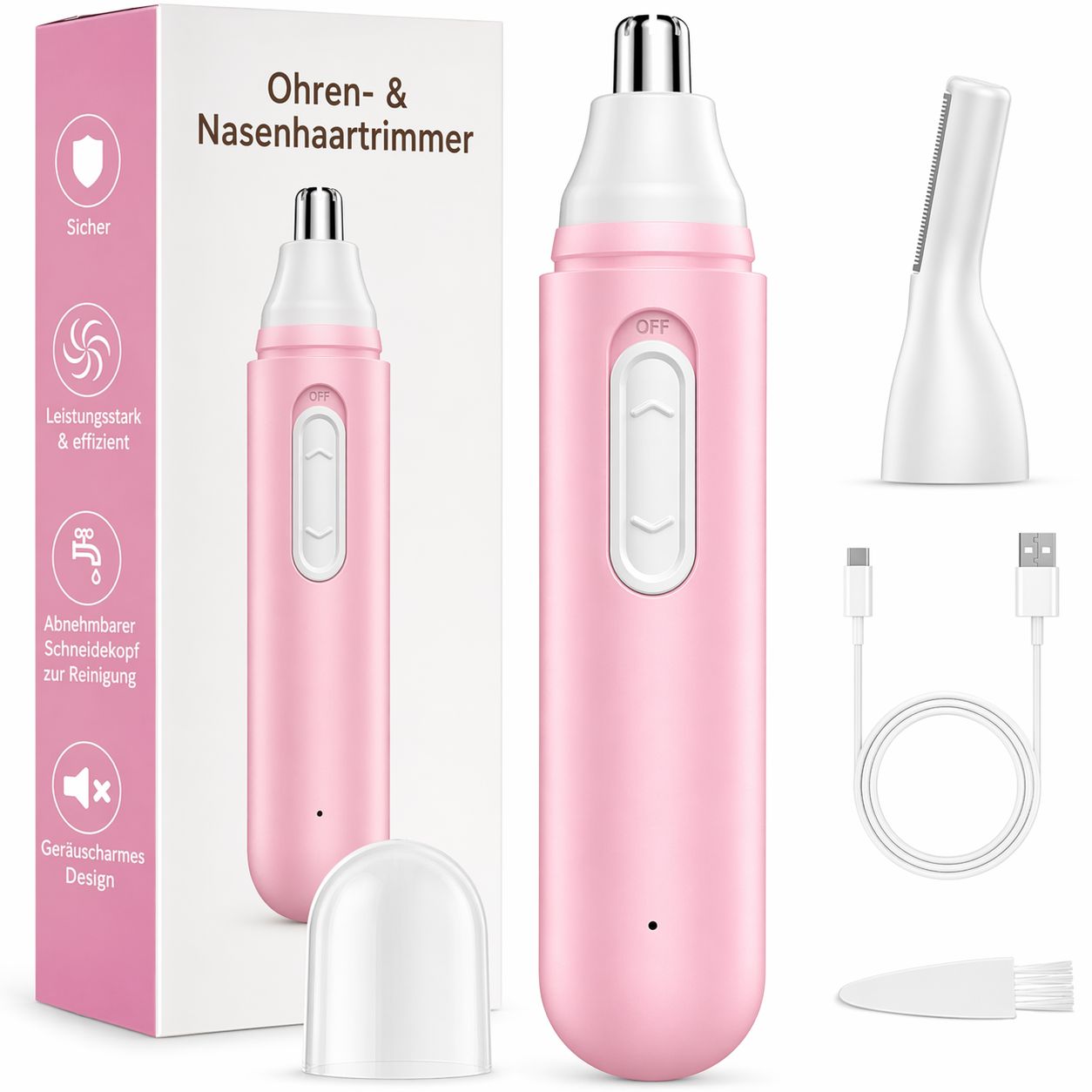 Rosa Ohren- und Nasenhaartrimmer mit Zubehör. Verpackung mit Produktabbildung und Text. Enthält Reinigungsbürste und Ladekabel.