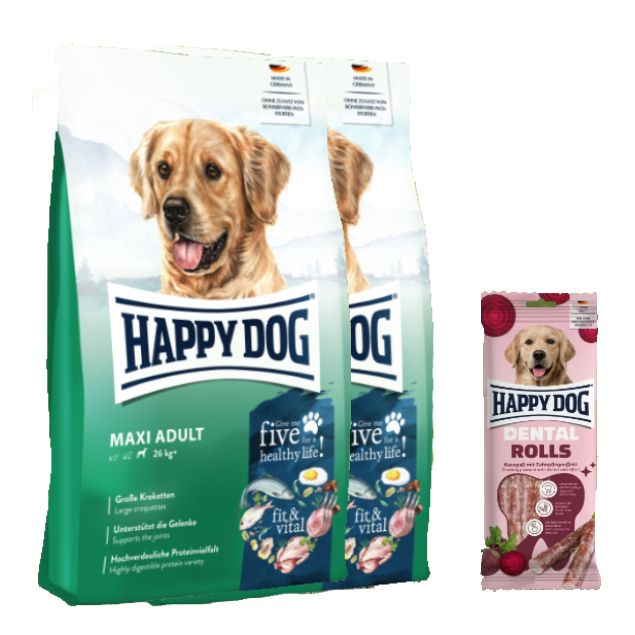 Happy Dog Fit & Vital Maxi Adult Doppelpack + Happy Dog Dental Rolls *geschenkt*