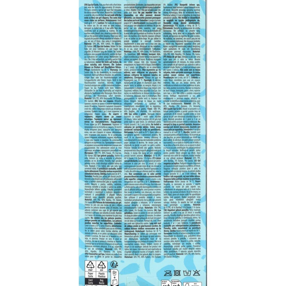 Rückseite der Verpackung der Spa-Gel-Socken. Text in mehreren Sprachen. Auf der Verpackung befinden sich Symbole für Pflegehinweise und Recycling.