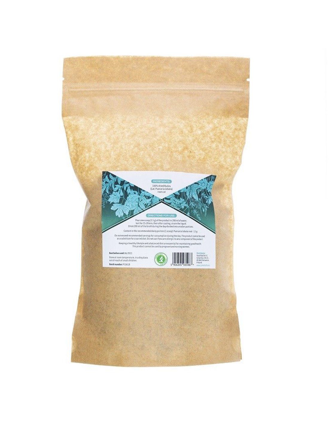 Beutel mit Kudzu-Wurzel. Etikett mit Produktinformationen und Logo. Braune Verpackung.