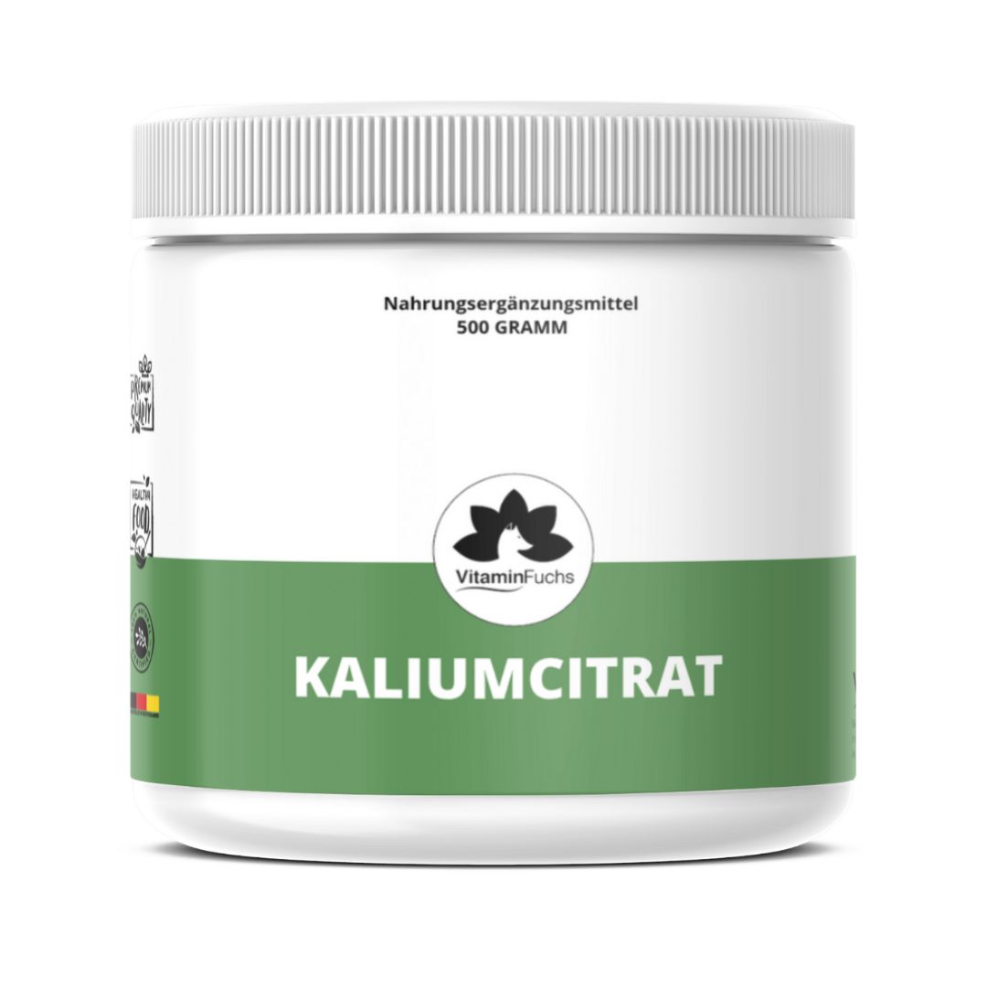 Weißer Behälter mit Kaliumcitrat-Pulver. Enthält Nährwertangaben und das Logo von VitaminFuchs. Inhalt: 500 Gramm.