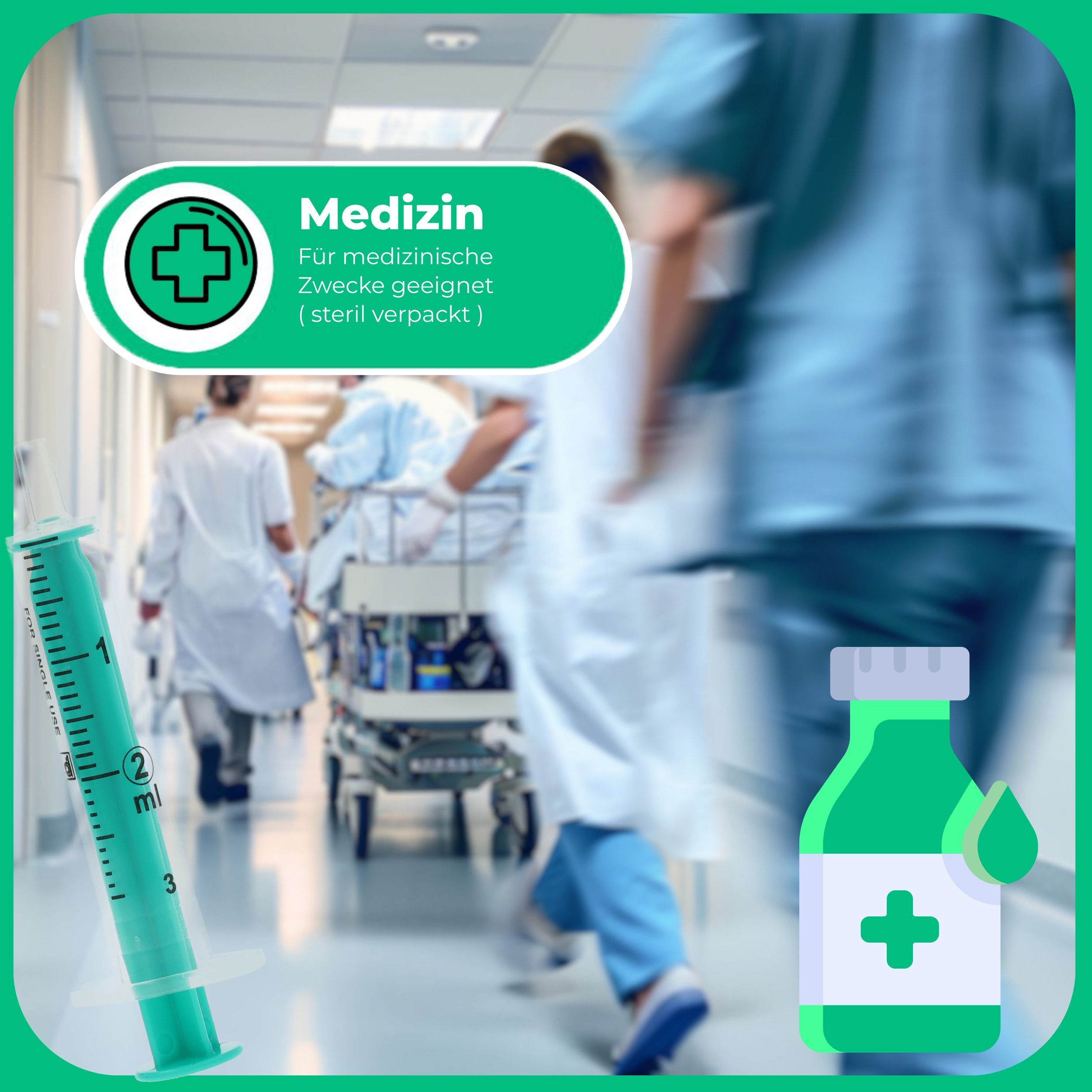 Spritze, grün, 2 ml. Im Hintergrund: Krankenhausflur, Personen, grüne Flasche mit Kreuz. Medizinische Zwecke.