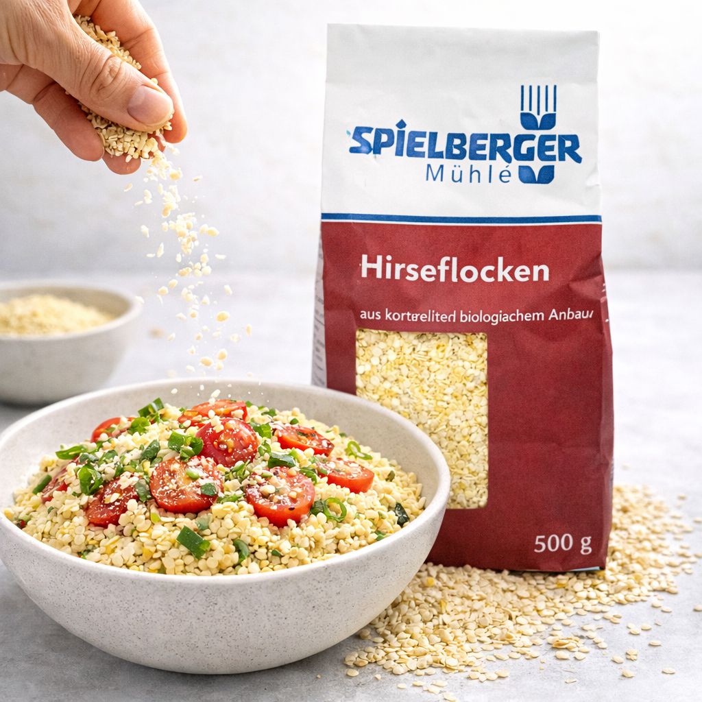 Spielberger Mühle Hirseflocken (500g) in einer Packung, daneben eine Schüssel mit zubereiteten Hirseflocken.