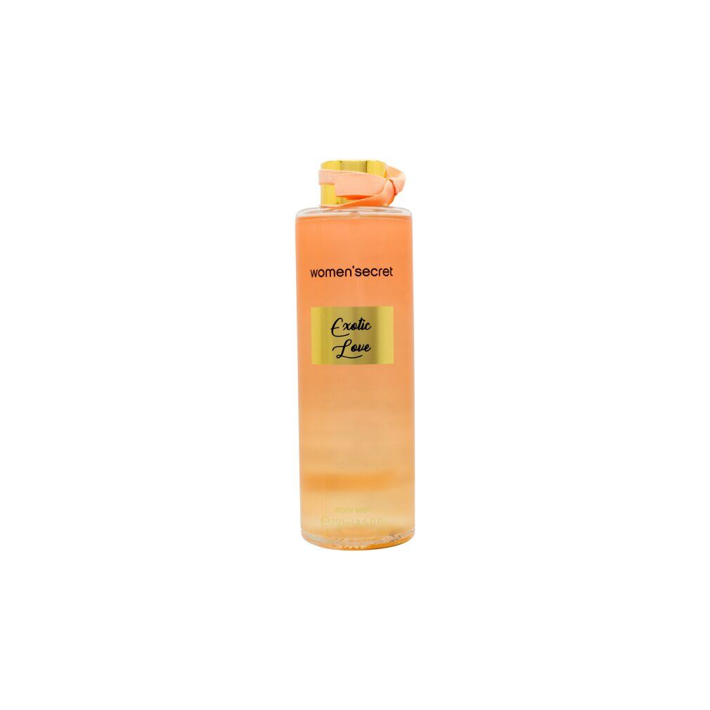 Women's Secret Body Mist Exotic Love in einem transparenten Flakon mit rosa Schleife, isoliert.