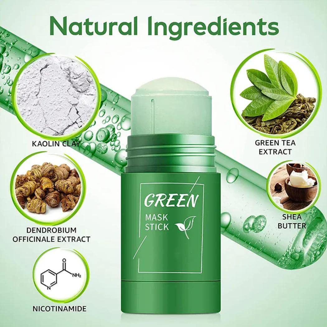Grüner Masken-Stick mit Inhaltsstoffen: Kaolin, Grüntee-Extrakt, Sheabutter, Dendrobium, Nicotinamid.