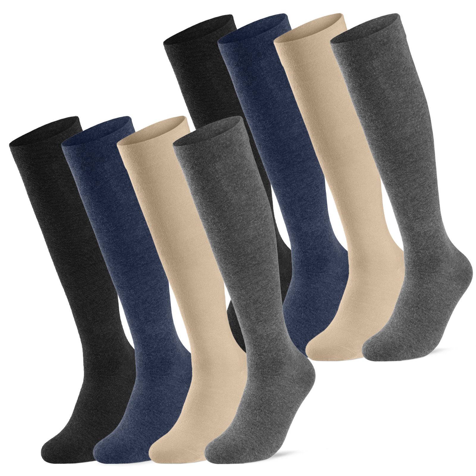 Mehrere Kniestrümpfe in verschiedenen Farben. Graue, blaue, beige und schwarze Strümpfe sind zu sehen.