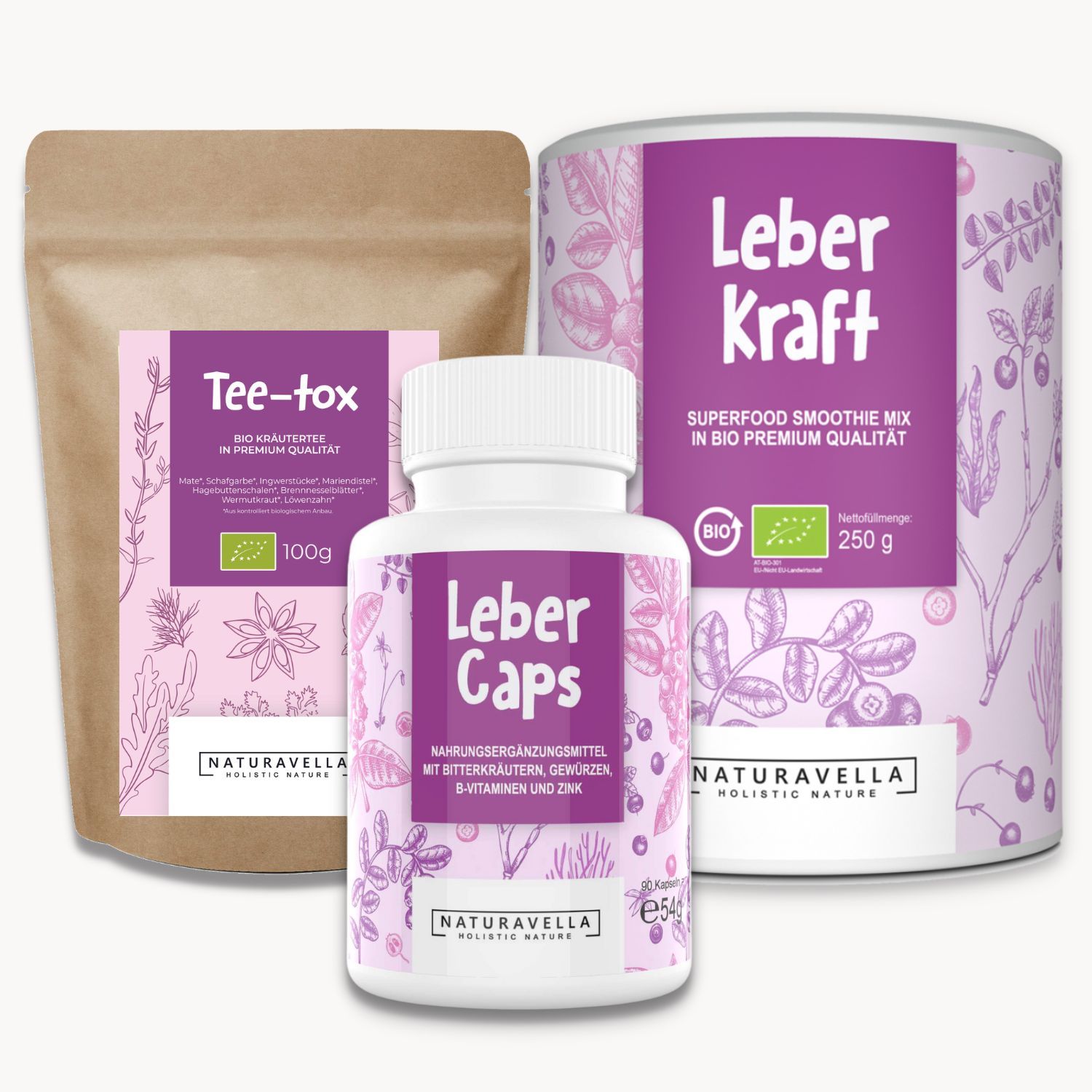 Beutel "Tee-tox", Flasche "LeberCaps" und Dose "LeberKraft". Alle Produkte tragen das Naturavella-Logo. Bio-Siegel.