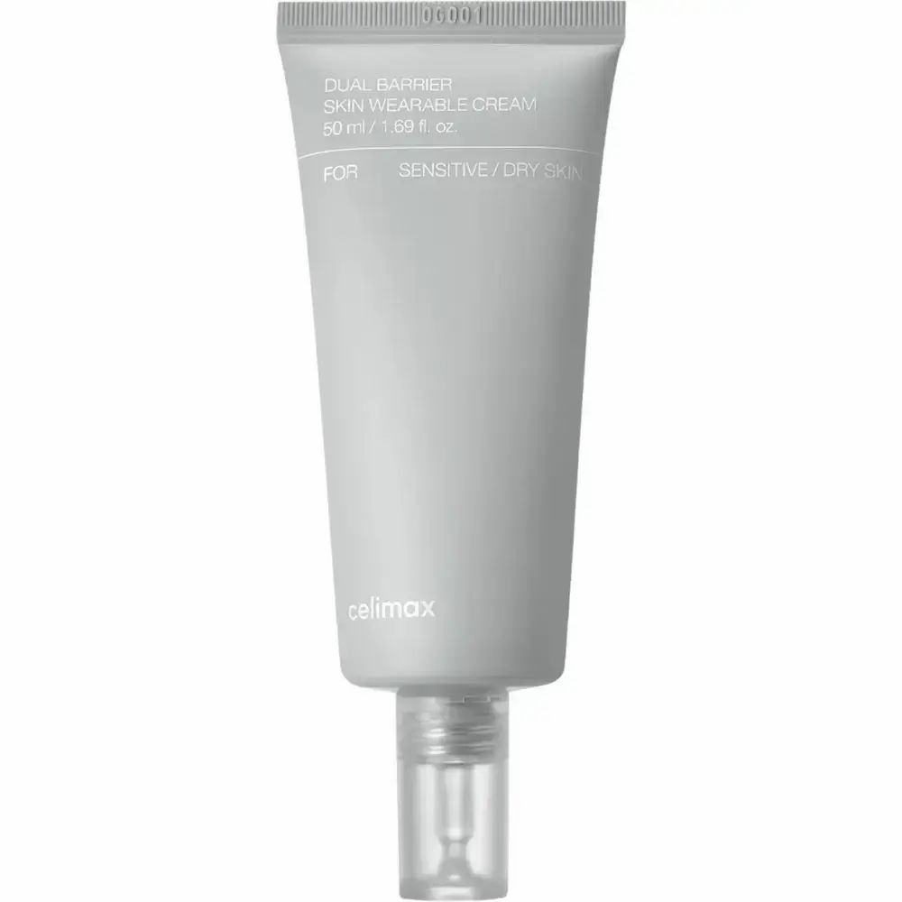 Graue Tube mit weißer Schrift. Aufschrift: Dual Barrier Skin Wearable Cream. Für empfindliche/trockene Haut. 50 ml.
