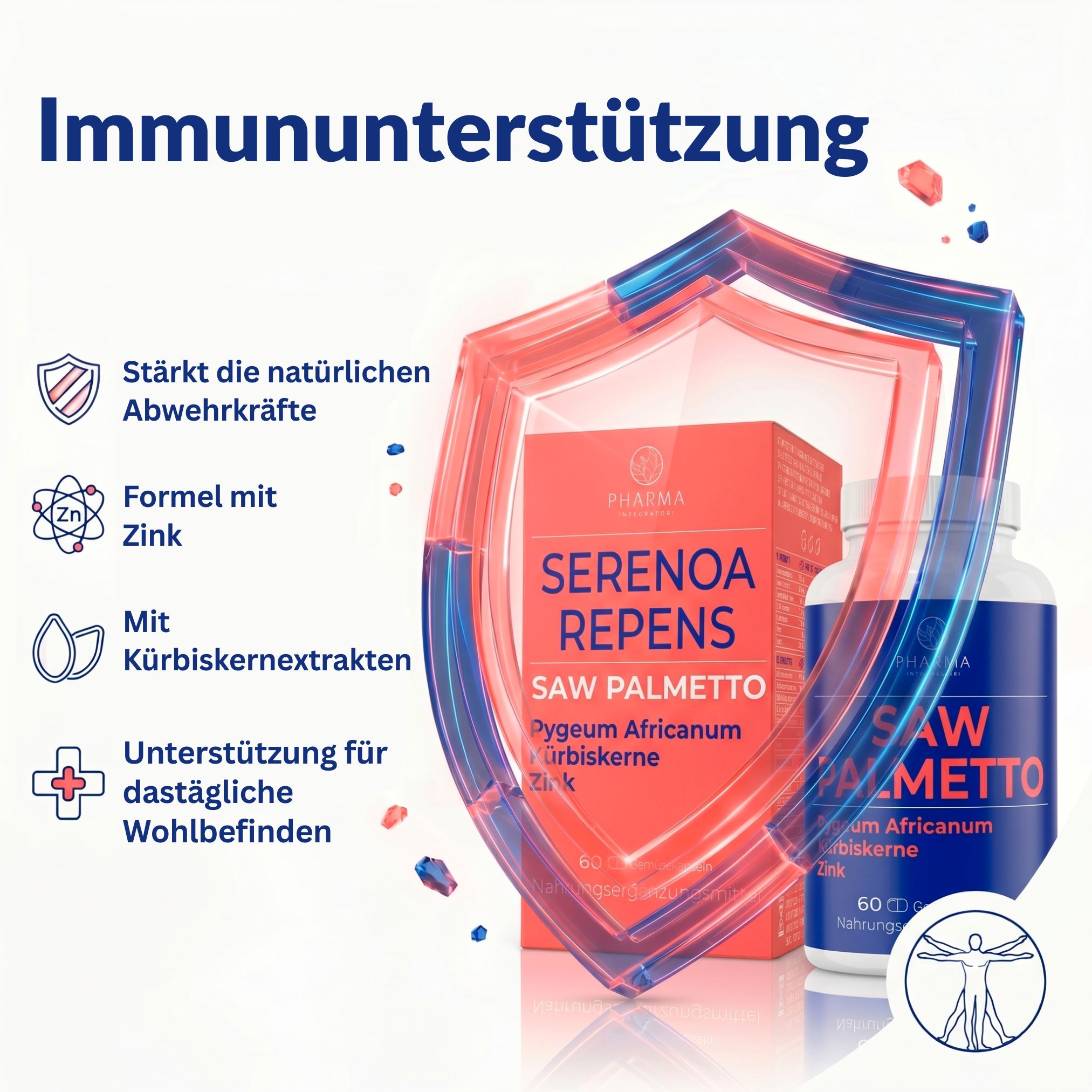 Serenoa Repens Produkt mit Symbolen für Immununterstützung und Inhaltsstoffen.