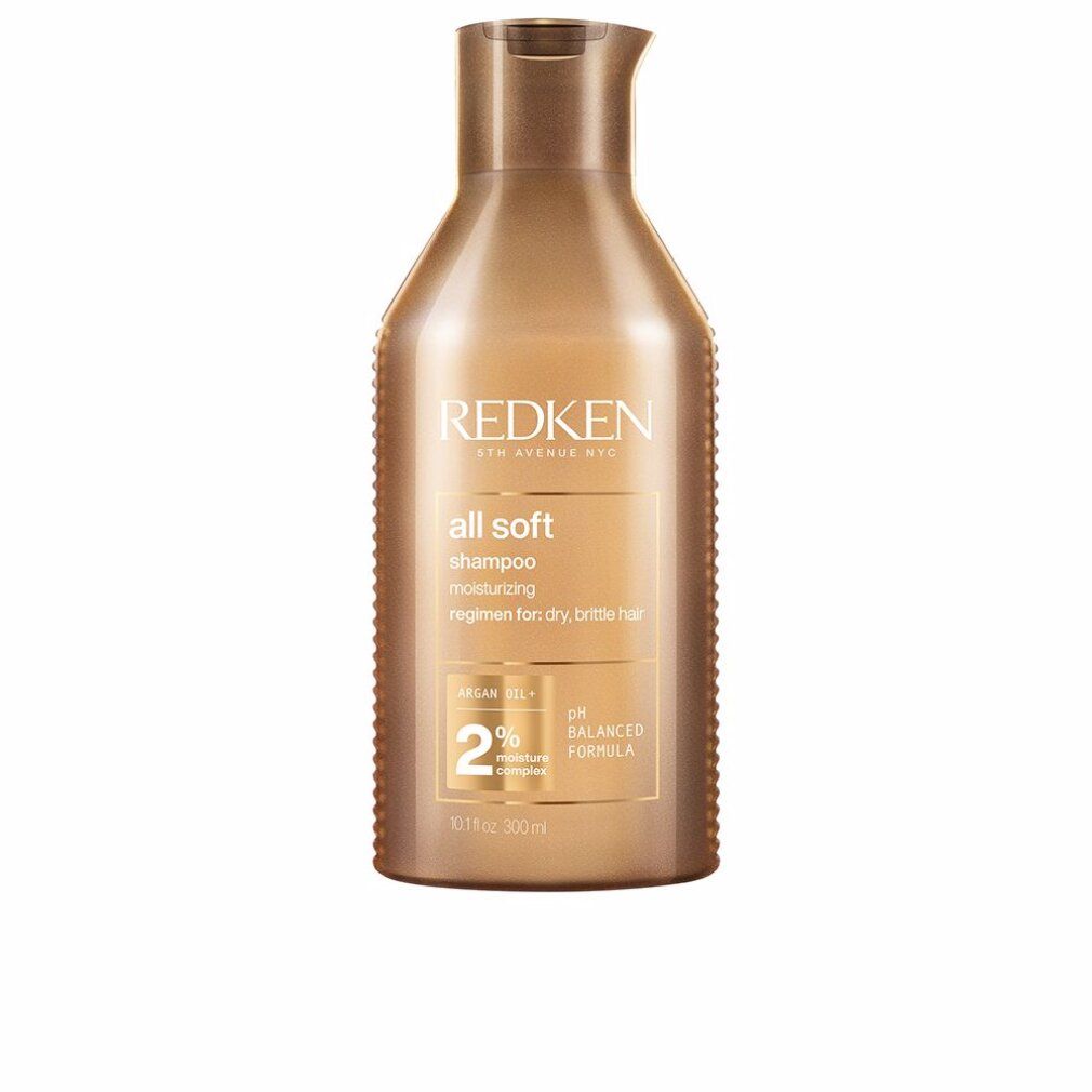 Goldfarbene Shampoo-Flasche. Aufschrift: "all soft shampoo". Enthält Arganöl und 2% Feuchtigkeitskomplex. pH-ausgeglichene Formel.
