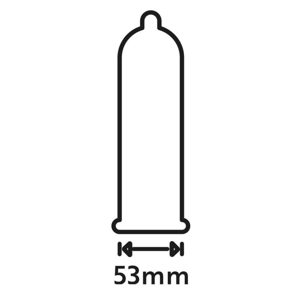 Schwarz umrissene Darstellung eines Kondoms. Unterhalb des Kondoms befindet sich eine Linie mit Pfeilen und der Aufschrift 53mm.