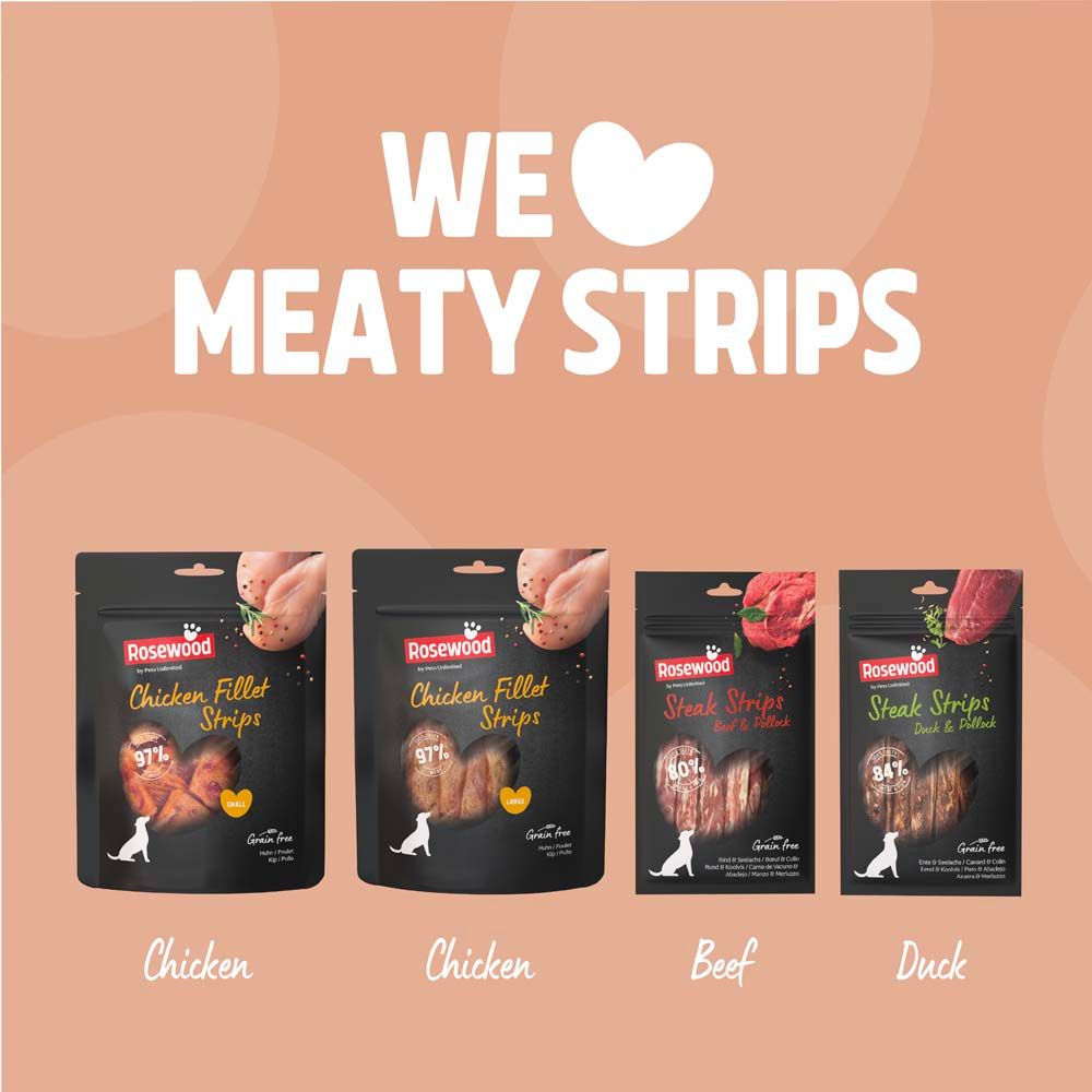 Verschiedene Produkte von Rosewood. Chicken Filet Strips, Steak Strips. Für Hunde.