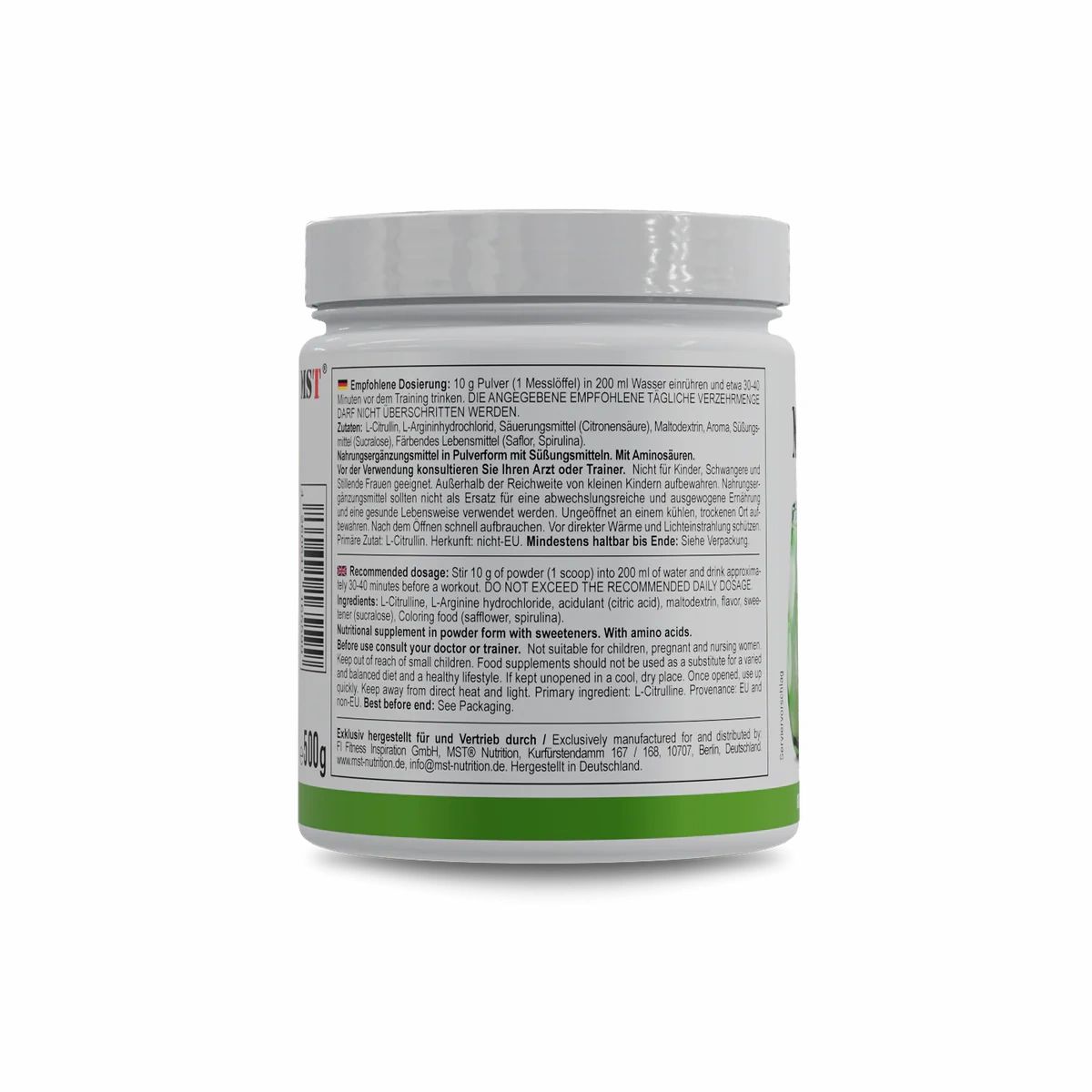 Weißer Behälter mit grünen und schwarzen Texten. Rückseite mit Dosierungsanweisungen und Inhaltsstoffen. 500g.