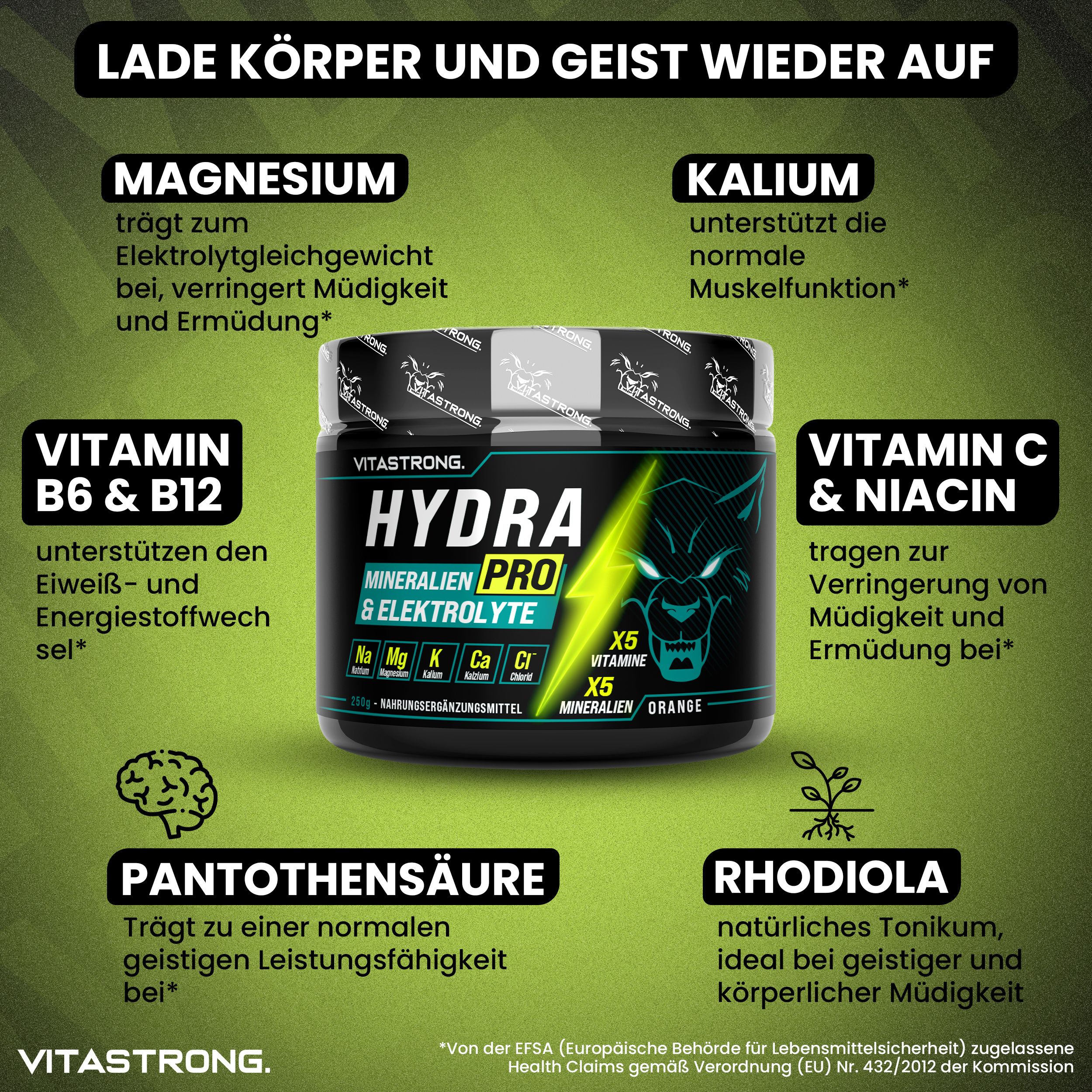 Dose Vitastrong Hydra Pro. Textfelder mit Inhaltsstoffen und Eigenschaften. Gelber Blitz. Orange.
