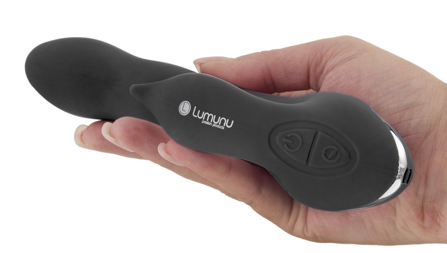 Schwarzer Vibrator in einer Hand gehalten. Logo und Bedienknöpfe sind sichtbar.