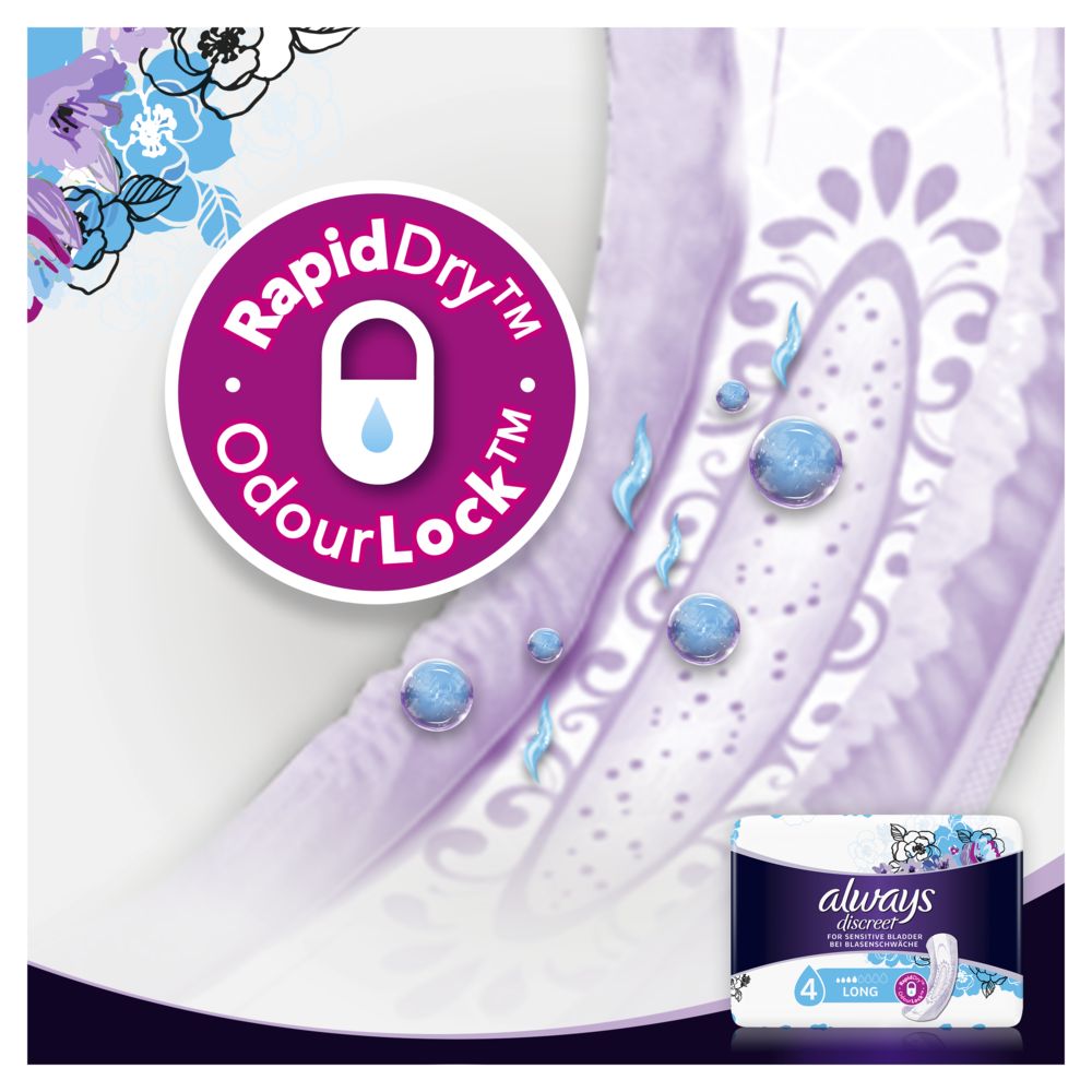 Nahaufnahme des RapidDry OdourLock-Symbols auf Always Discreet. Mit blauen Tropfen.