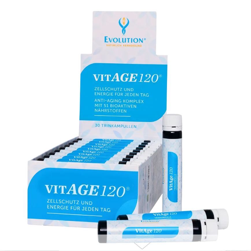 Packung mit Trinkampullen. Aufschrift: VITAGE 120, Zellschutz und Energie. Einzelne Ampullen mit weißem Verschluss.