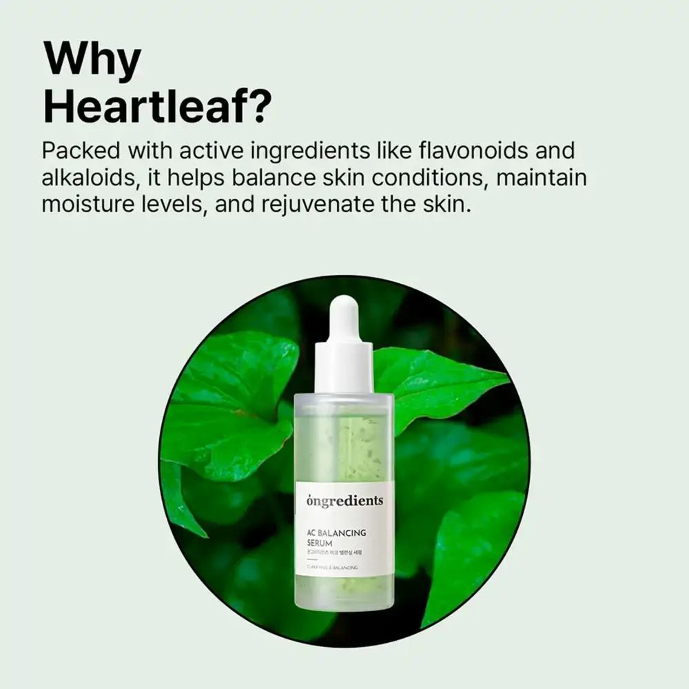 Text: Why Heartleaf? Serumflasche mit Blättern. Aufschrift: Ongredients AC Balancing Serum. Grüne Flüssigkeit.