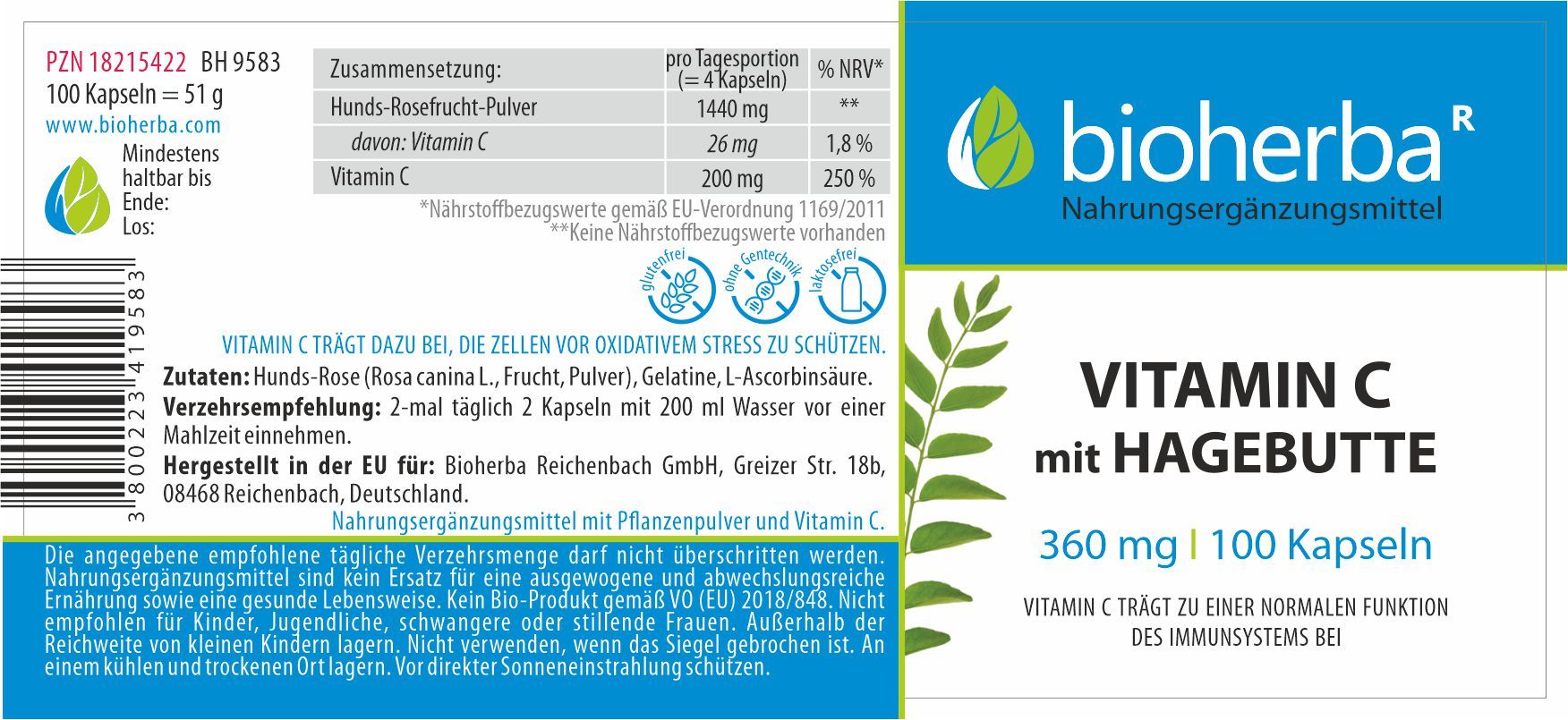 Vitamin C Mit Hagebutte 360 mg 100 Kapseln PZN 18215422