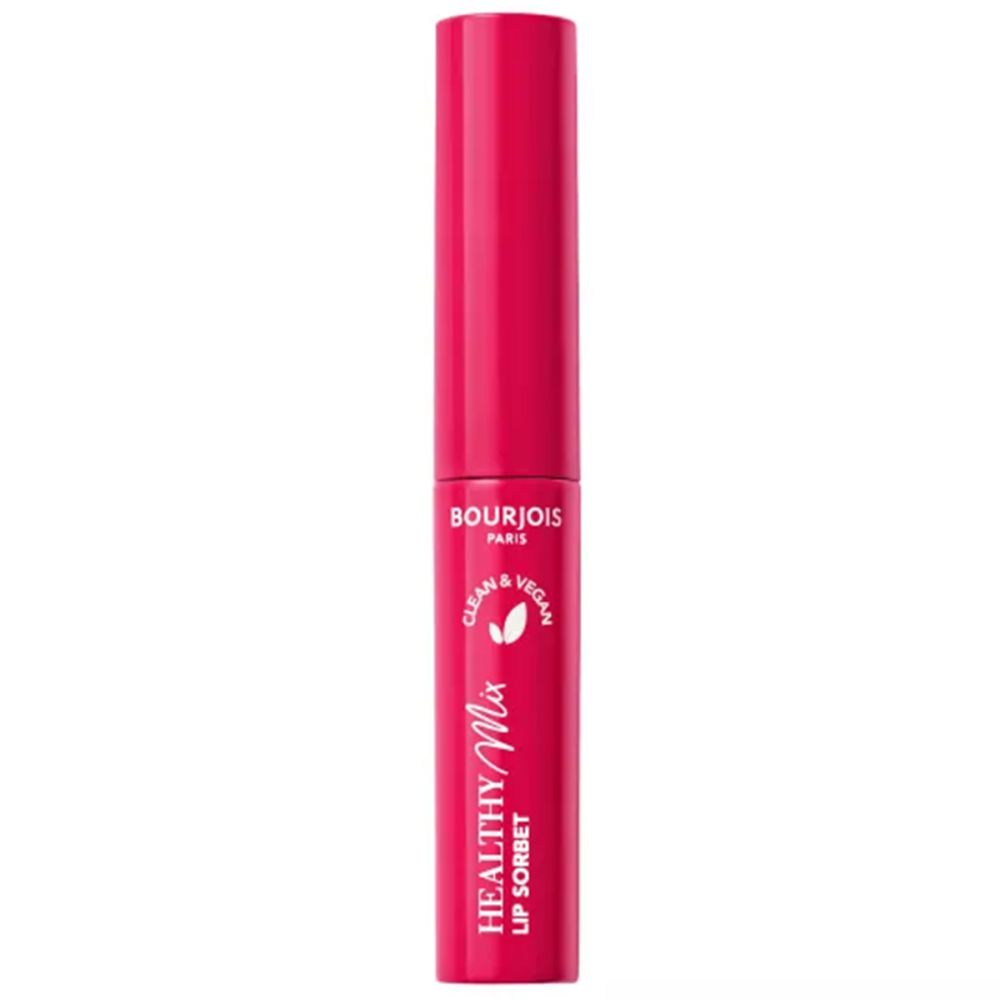 Bourjois Healthy Mix Lip Sorbet, rosa Tube. Aufschrift: Clean & Vegan. Marke und Produktname.