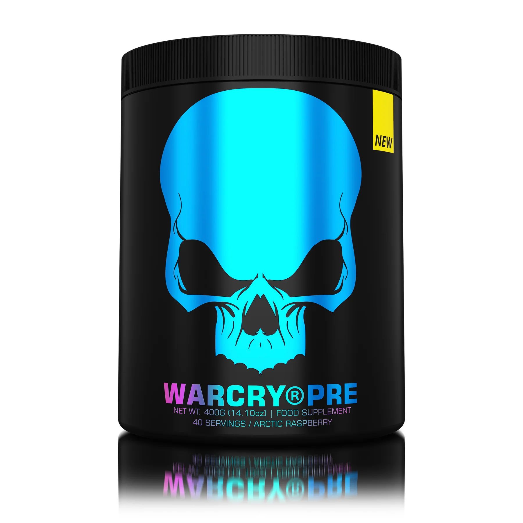 Schwarze Dose mit blauem Totenkopf-Design. Aufschrift: WARCRY PRE, 400g, 40 Portionen, Arctic Raspberry. Gelber Aufkleber: NEW.