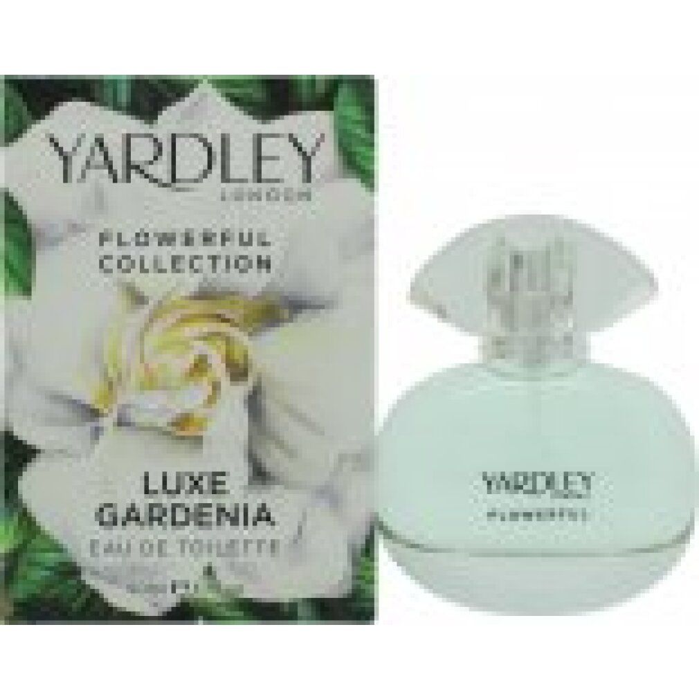 Flakon und Verpackung von Yardley Luxe Gardenia Eau de Toilette. Flakon rund, hellgrün. Verpackung mit Blüte und Schriftzug.