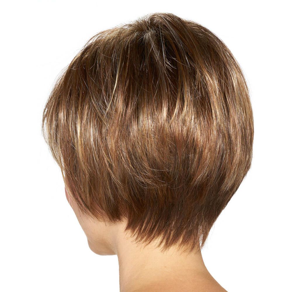 Kurzhaarperücke mit braunen und blonden Strähnen. Rückansicht.