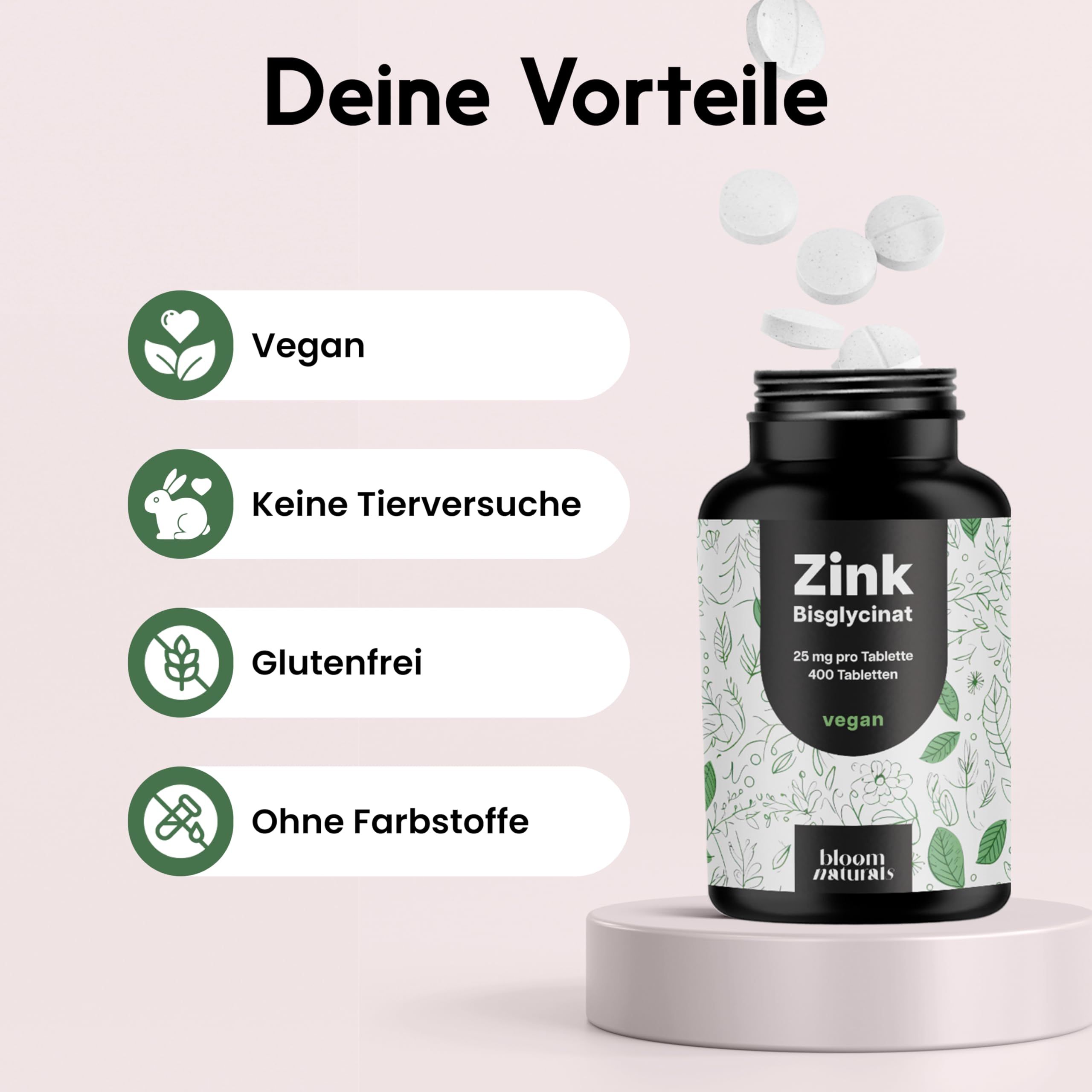 Zink Bisglycinat Flasche und Tabletten. Icons: Vegan, keine Tierversuche, glutenfrei, ohne Farbstoffe.
