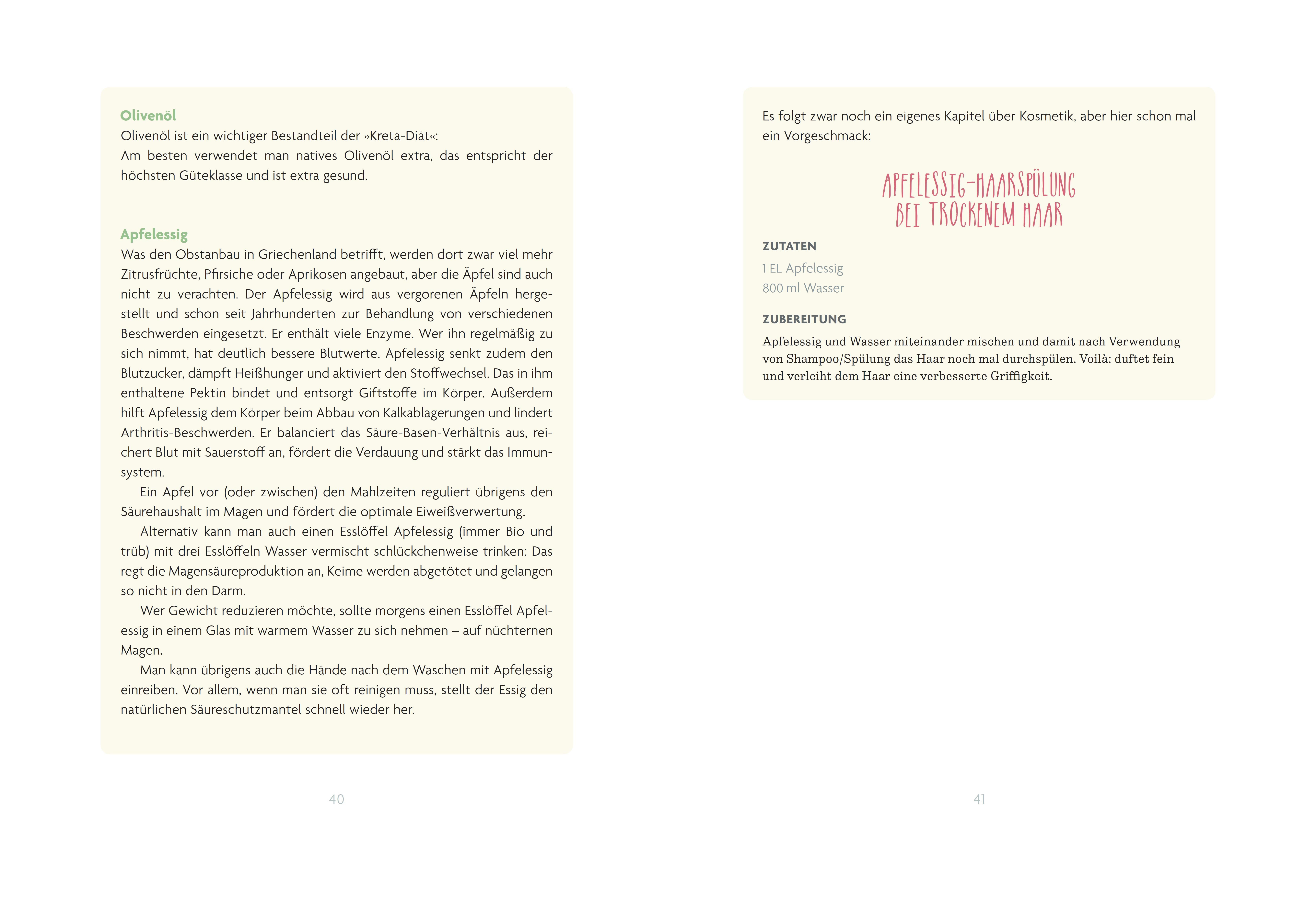 Buchseite mit Text über Apfelessig. Text über die Wirkung von Apfelessig. Zutatenliste und Zubereitung.