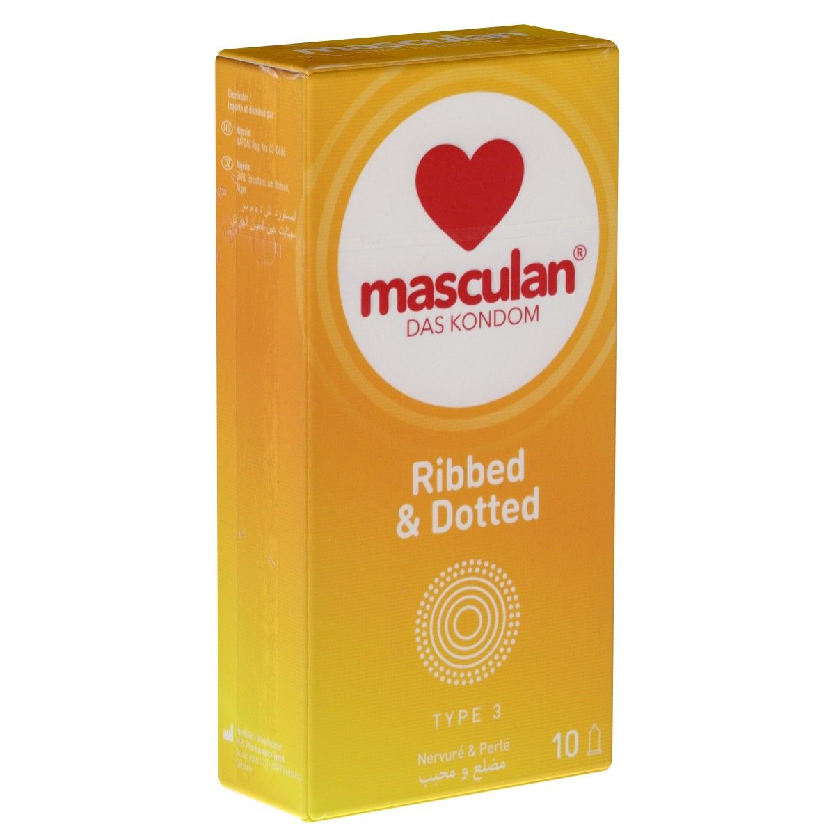 Packung von Masculan Typ 3 Kondomen, gerippt und punktiert.