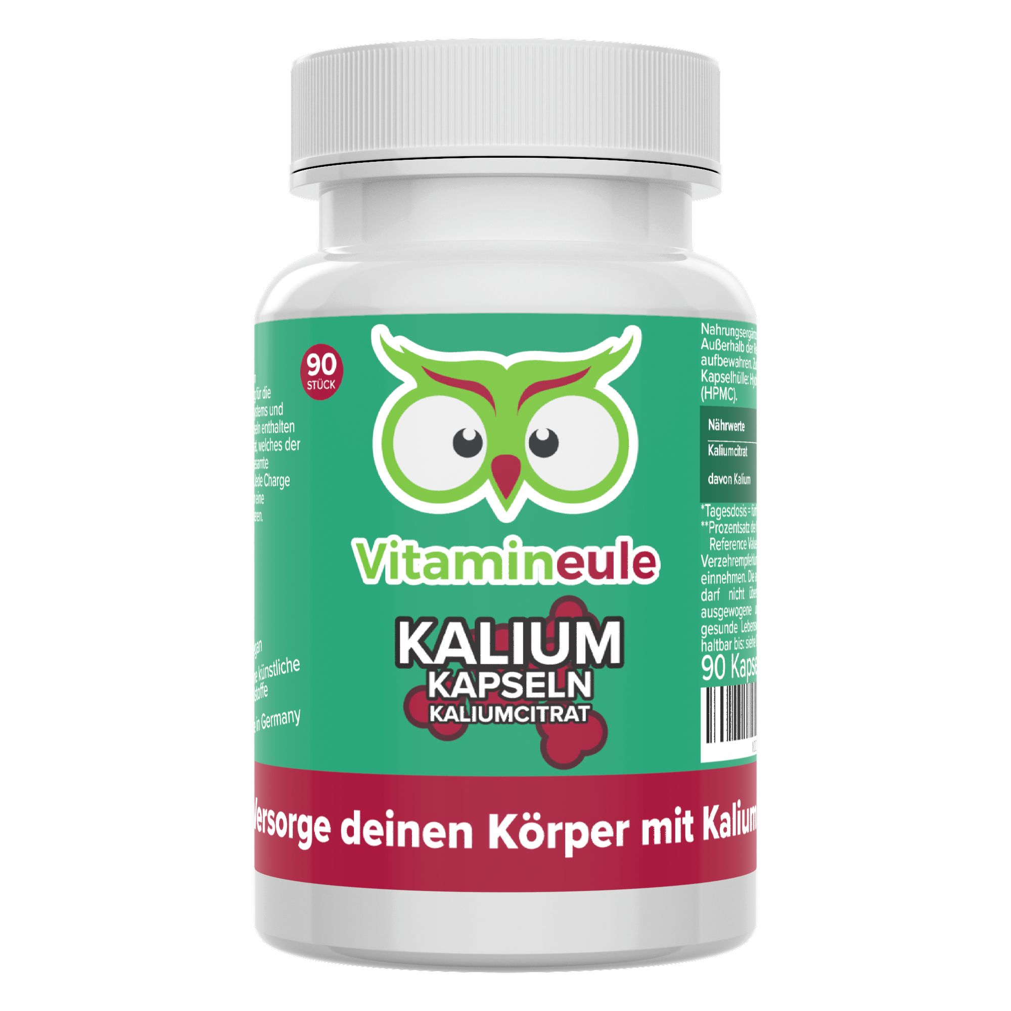 Weiße Flasche mit grüner Aufschrift: Vitamineule Kalium Kapseln, 90 Stück. Rote Schrift: Kaliumcitrat. Aufschrift: Versorge deinen Körper mit Kalium!