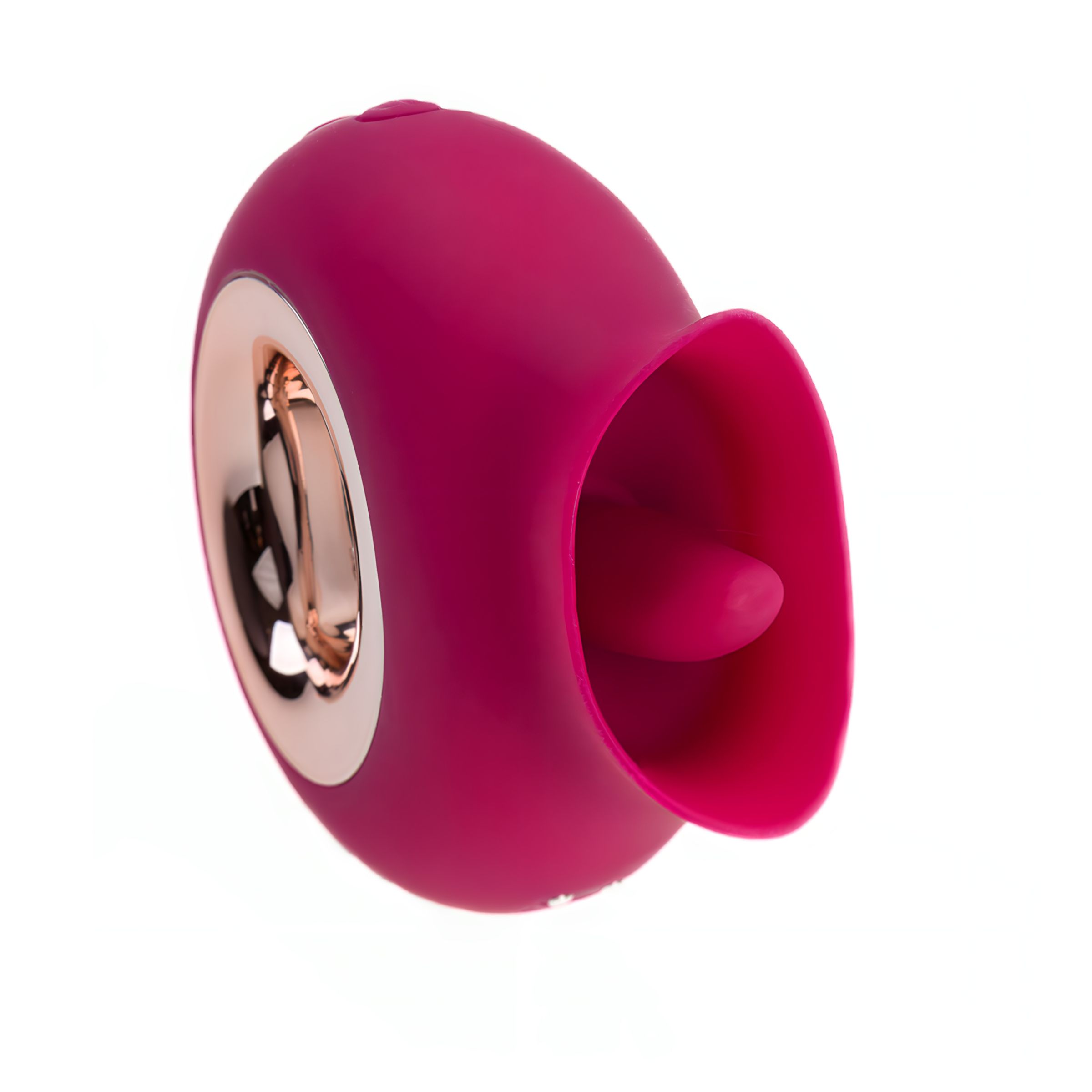 Rosa Gerät mit goldfarbenem Ring und einer Öffnung. Das Gerät hat eine abgerundete Form.